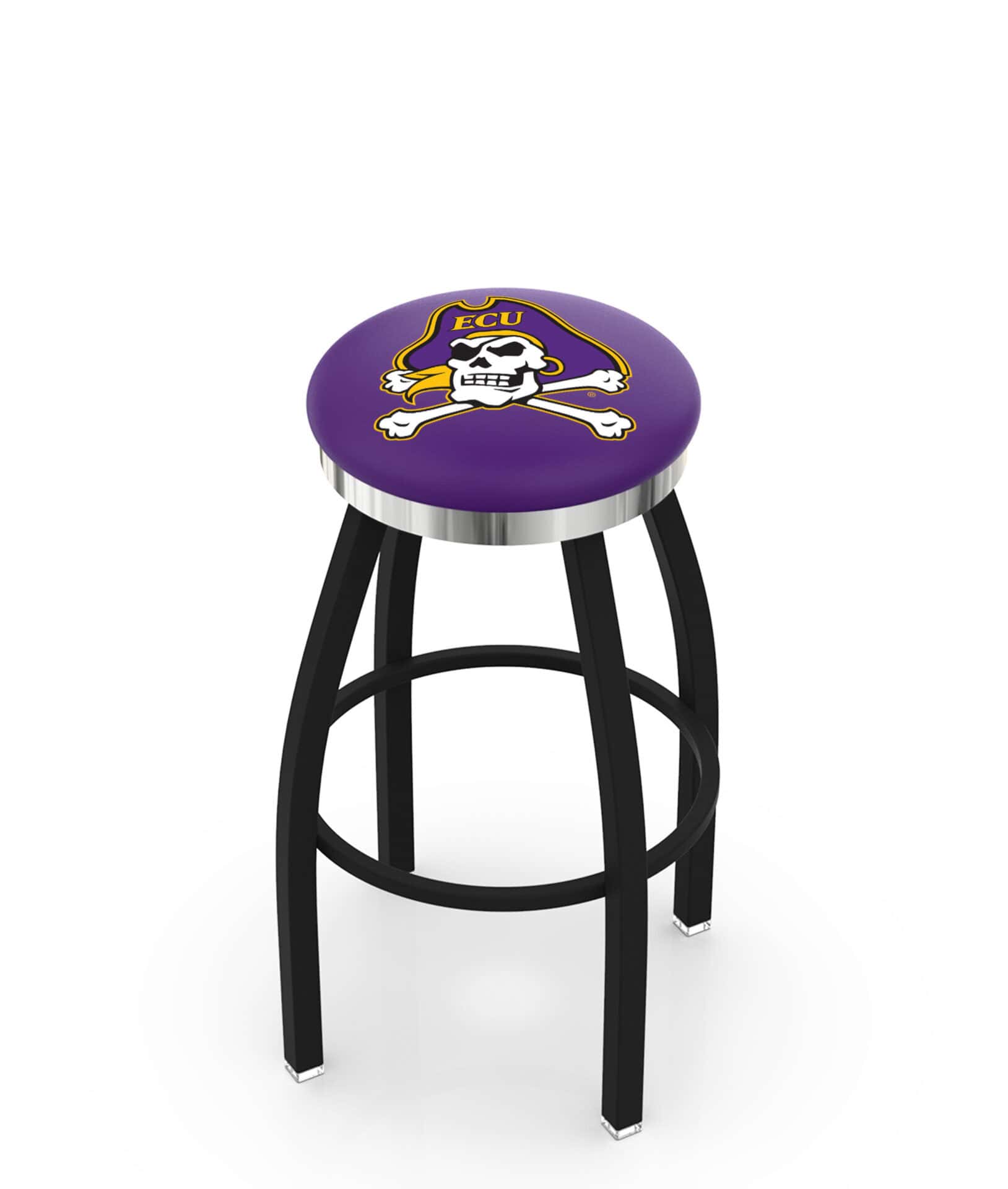 East Carolina University 36-Inch Swivel Backless Extra Tall Bar Stool w/ Black Wrinkle Finish, Single-Ring Base, 2-Inch Chrome Ring, 2.5-Inch Cushion Seat 1 East Carolina University 36-Inch Swivel Backless Extra Tall Bar Stool w/ Black Wrinkle Finish, Single-Ring Base, 2-Inch Chrome Ring, 2.5-Inch Cushion Seat