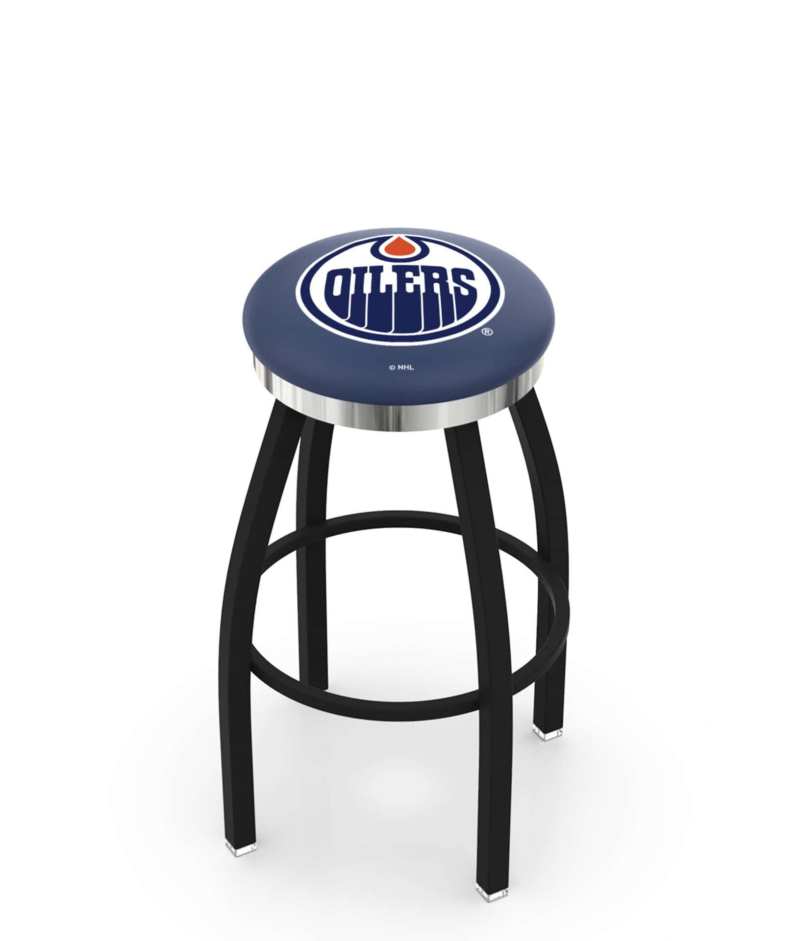 Edmonton Oilers 36-Inch Swivel Backless Extra Tall Bar Stool w/ Black Wrinkle Finish, Single-Ring Base, 2-Inch Chrome Ring, 2.5-Inch Cushion Seat 1 Edmonton Oilers 36-Inch Swivel Backless Extra Tall Bar Stool w/ Black Wrinkle Finish, Single-Ring Base, 2-Inch Chrome Ring, 2.5-Inch Cushion Seat