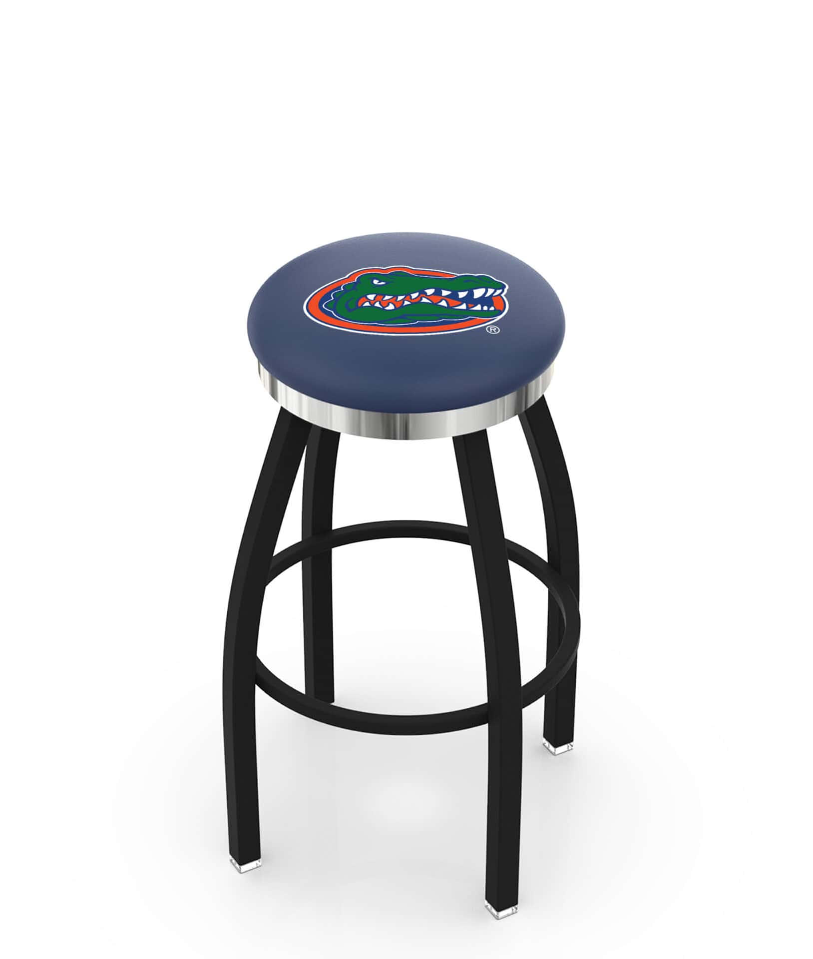 University of Florida 36-Inch Swivel Backless Extra Tall Bar Stool w/ Black Wrinkle Finish, Single-Ring Base, 2-Inch Chrome Ring, 2.5-Inch Cushion Seat 1 University of Florida 36-Inch Swivel Backless Extra Tall Bar Stool w/ Black Wrinkle Finish, Single-Ring Base, 2-Inch Chrome Ring, 2.5-Inch Cushion Seat