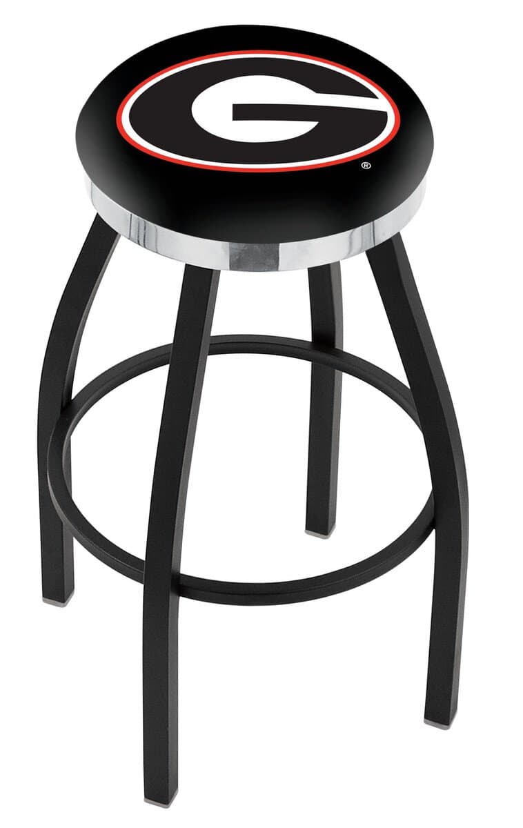 University of Georgia 36-Inch Swivel Backless Extra Tall Bar Stool w/ Black Wrinkle Finish, Single-Ring Base, 2-Inch Chrome Ring, 2.5-Inch Cushion Seat ("G" Logo) 1 University of Georgia 36-Inch Swivel Backless Extra Tall Bar Stool w/ Black Wrinkle Finish, Single-Ring Base, 2-Inch Chrome Ring, 2.5-Inch Cushion Seat ("G" Logo)
