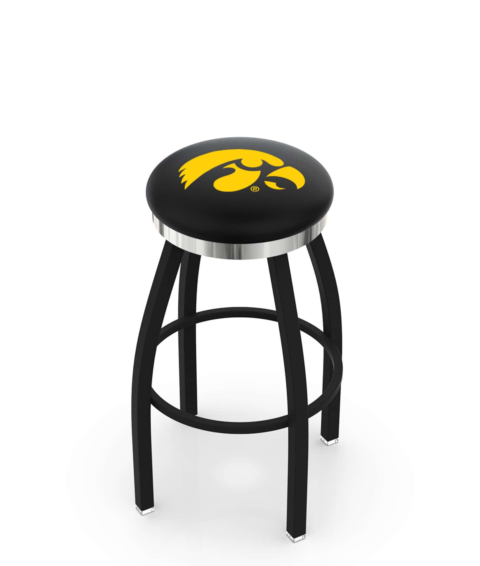 University of Iowa 36-Inch Swivel Backless Extra Tall Bar Stool w/ Black Wrinkle Finish, Single-Ring Base, 2-Inch Chrome Ring, 2.5-Inch Cushion Seat 1 University of Iowa 36-Inch Swivel Backless Extra Tall Bar Stool w/ Black Wrinkle Finish, Single-Ring Base, 2-Inch Chrome Ring, 2.5-Inch Cushion Seat