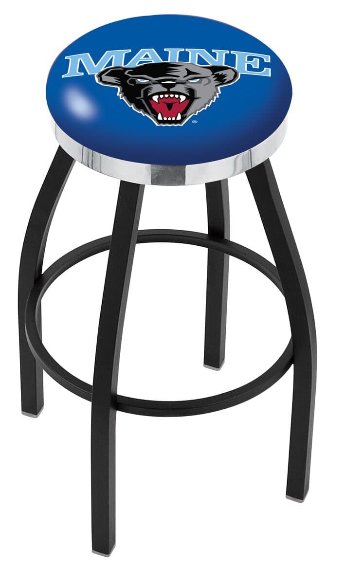 University of Maine 36-Inch Swivel Backless Extra Tall Bar Stool w/ Black Wrinkle Finish, Single-Ring Base, 2-Inch Chrome Ring, 2.5-Inch Cushion Seat 1 University of Maine 36-Inch Swivel Backless Extra Tall Bar Stool w/ Black Wrinkle Finish, Single-Ring Base, 2-Inch Chrome Ring, 2.5-Inch Cushion Seat