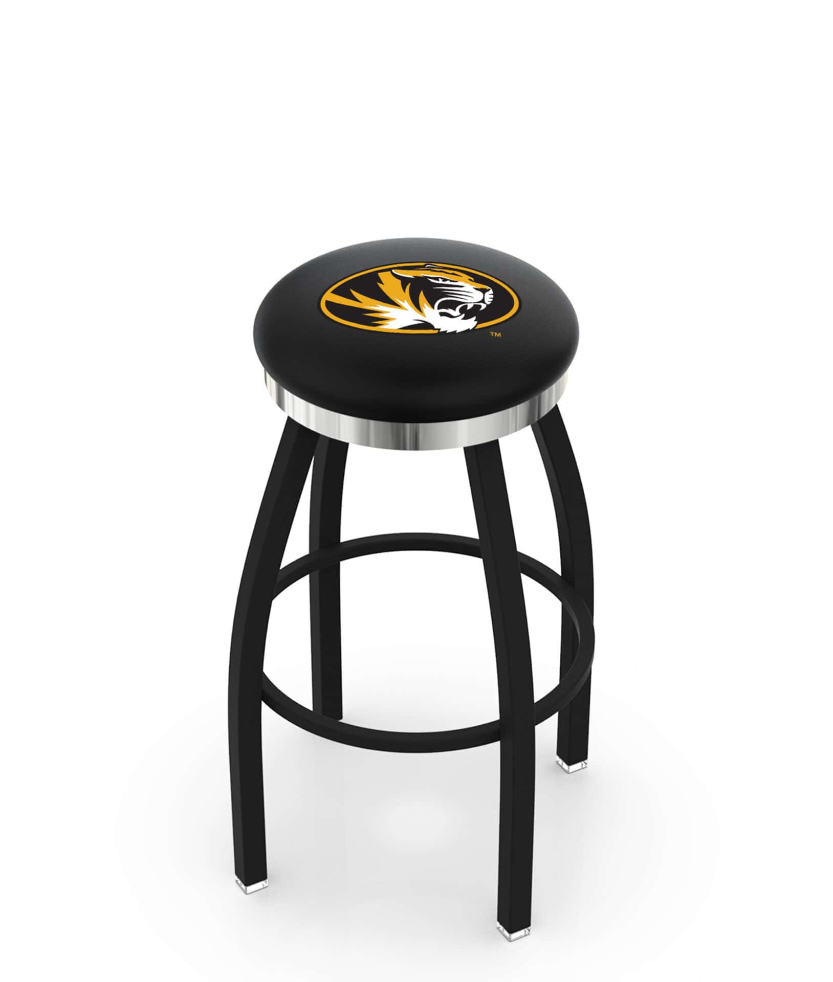 University of Missouri 36-Inch Swivel Backless Extra Tall Bar Stool w/ Black Wrinkle Finish, Single-Ring Base, 2-Inch Chrome Ring, 2.5-Inch Cushion Seat 1 University of Missouri 36-Inch Swivel Backless Extra Tall Bar Stool w/ Black Wrinkle Finish, Single-Ring Base, 2-Inch Chrome Ring, 2.5-Inch Cushion Seat