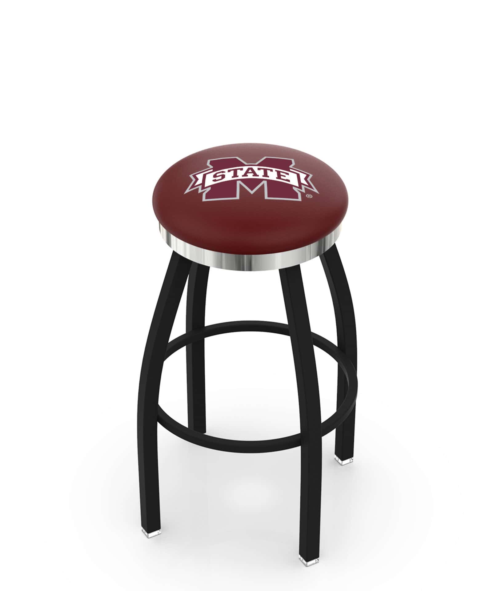 Mississippi State University 36-Inch Swivel Backless Extra Tall Bar Stool w/ Black Wrinkle Finish, Single-Ring Base, 2-Inch Chrome Ring, 2.5-Inch Cushion Seat 1 Mississippi State University 36-Inch Swivel Backless Extra Tall Bar Stool w/ Black Wrinkle Finish, Single-Ring Base, 2-Inch Chrome Ring, 2.5-Inch Cushion Seat