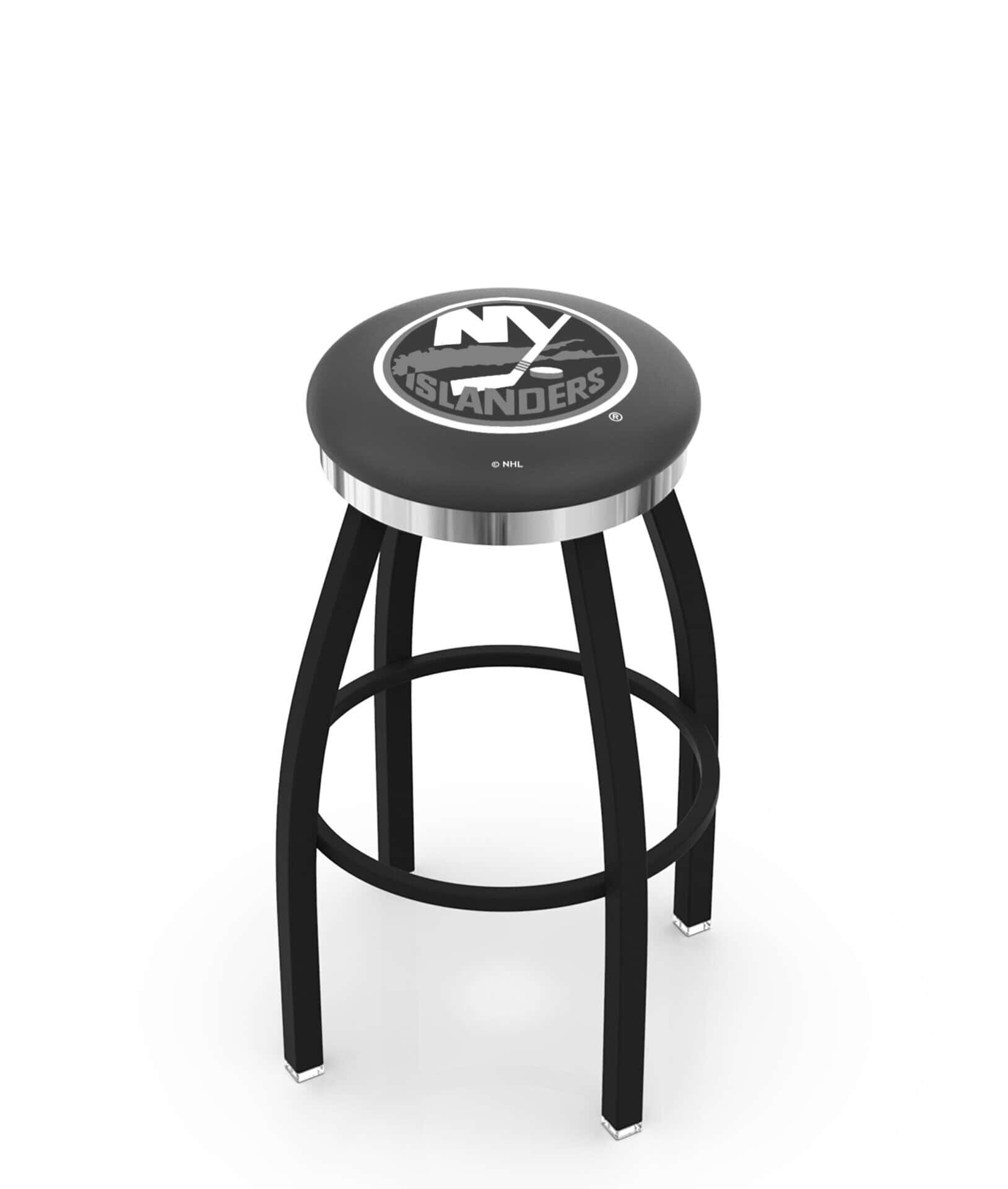 New York Islanders 36-Inch Swivel Backless Extra Tall Bar Stool w/ Black Wrinkle Finish, Single-Ring Base, 2-Inch Chrome Ring, 2.5-Inch Cushion Seat 1 New York Islanders 36-Inch Swivel Backless Extra Tall Bar Stool w/ Black Wrinkle Finish, Single-Ring Base, 2-Inch Chrome Ring, 2.5-Inch Cushion Seat
