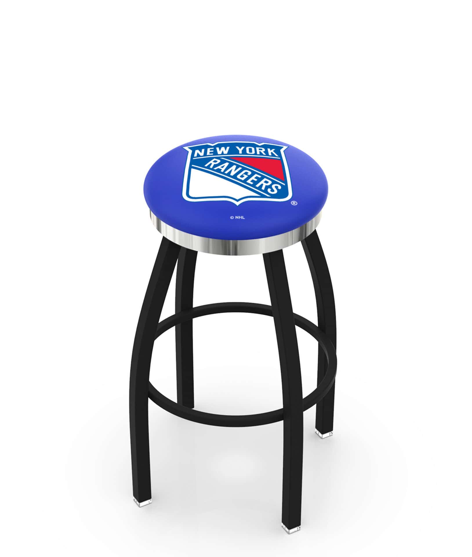 New York Rangers 36-Inch Swivel Backless Extra Tall Bar Stool w/ Black Wrinkle Finish, Single-Ring Base, 2-Inch Chrome Ring, 2.5-Inch Cushion Seat 1 New York Rangers 36-Inch Swivel Backless Extra Tall Bar Stool w/ Black Wrinkle Finish, Single-Ring Base, 2-Inch Chrome Ring, 2.5-Inch Cushion Seat