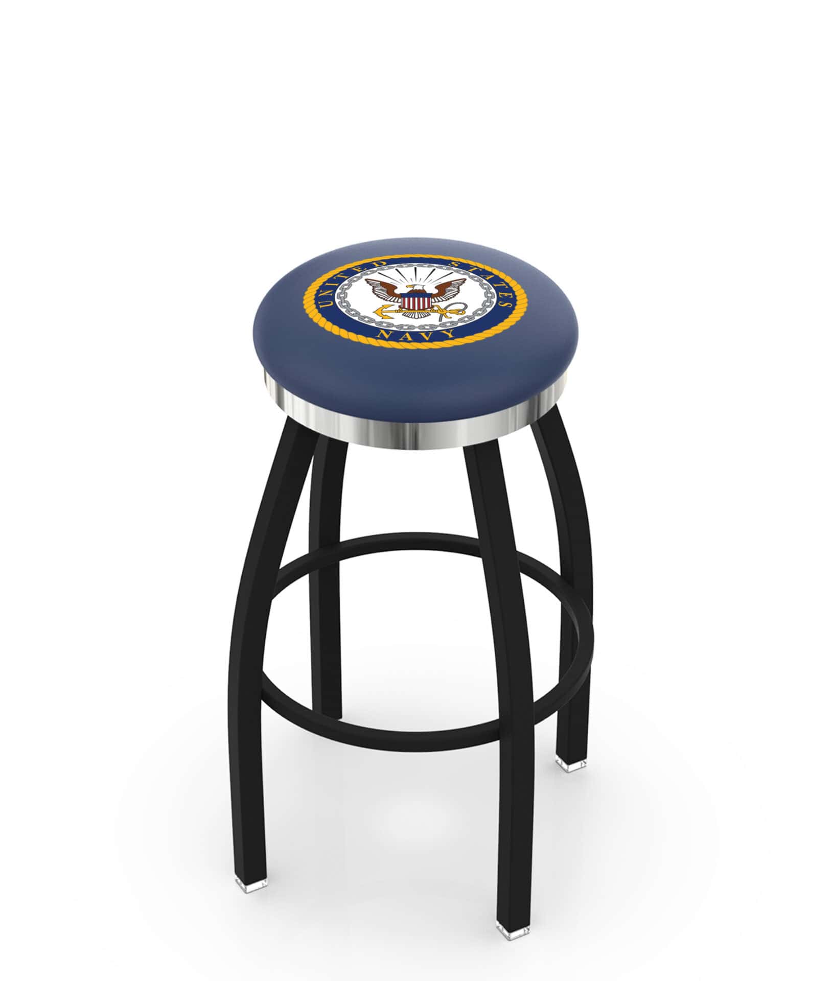 United States Navy 36-Inch Swivel Backless Extra Tall Bar Stool w/ Black Wrinkle Finish, Single-Ring Base, 2-Inch Chrome Ring, 2.5-Inch Cushion Seat 1 United States Navy 36-Inch Swivel Backless Extra Tall Bar Stool w/ Black Wrinkle Finish, Single-Ring Base, 2-Inch Chrome Ring, 2.5-Inch Cushion Seat