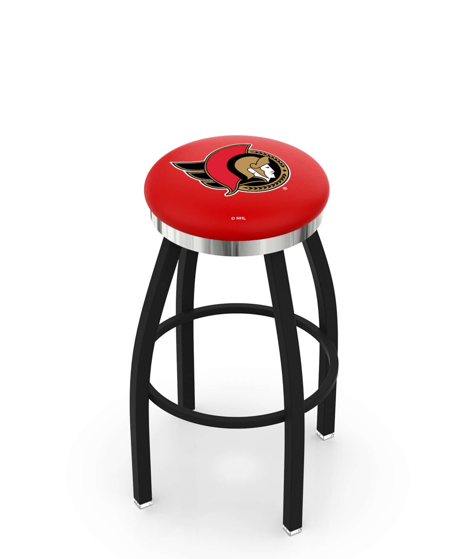 Ottawa Senators 36-Inch Swivel Backless Extra Tall Bar Stool w/ Black Wrinkle Finish, Single-Ring Base, 2-Inch Chrome Ring, 2.5-Inch Cushion Seat 1 Ottawa Senators 36-Inch Swivel Backless Extra Tall Bar Stool w/ Black Wrinkle Finish, Single-Ring Base, 2-Inch Chrome Ring, 2.5-Inch Cushion Seat