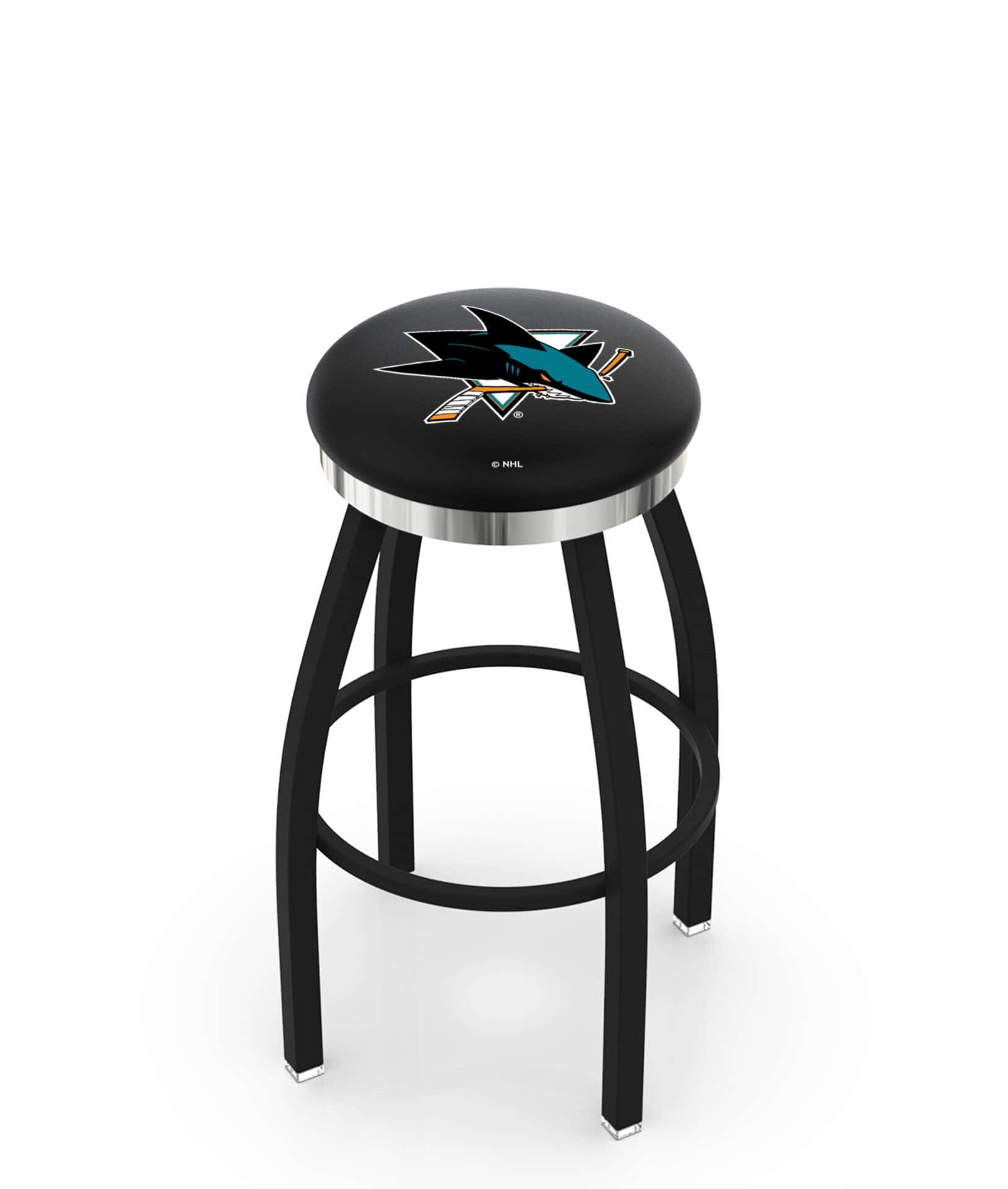 San Jose Sharks 36-Inch Swivel Backless Extra Tall Bar Stool w/ Black Wrinkle Finish, Single-Ring Base, 2-Inch Chrome Ring, 2.5-Inch Cushion Seat 1 San Jose Sharks 36-Inch Swivel Backless Extra Tall Bar Stool w/ Black Wrinkle Finish, Single-Ring Base, 2-Inch Chrome Ring, 2.5-Inch Cushion Seat