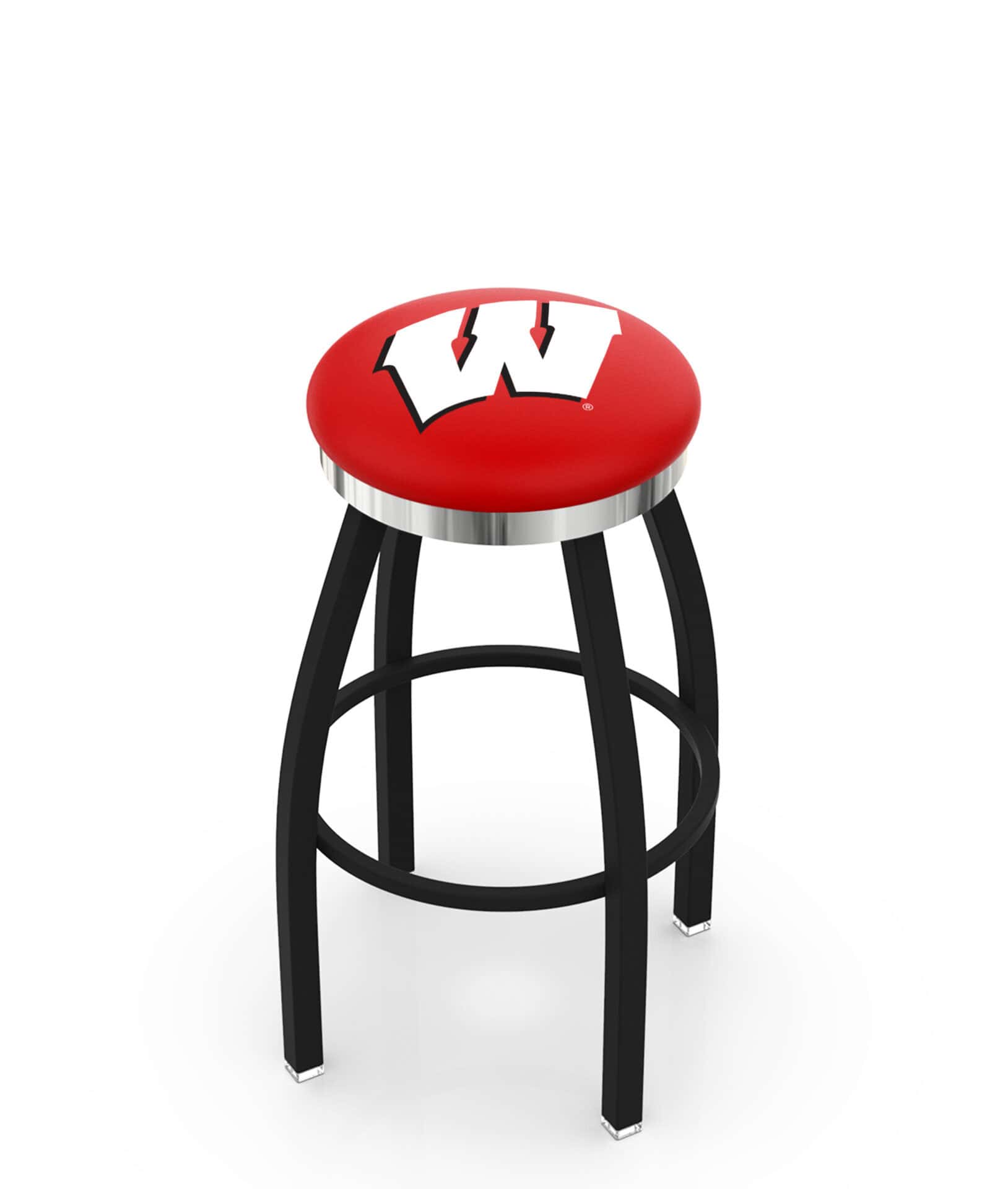 University of Wisconsin 25-Inch Swivel Backless Counter Stool w/ Black Wrinkle Finish, Single-Ring Base, 2-Inch Chrome Ring, 2.5-Inch Cushion Seat ("W" Logo) 1 University of Wisconsin 25-Inch Swivel Backless Counter Stool w/ Black Wrinkle Finish, Single-Ring Base, 2-Inch Chrome Ring, 2.5-Inch Cushion Seat ("W" Logo)