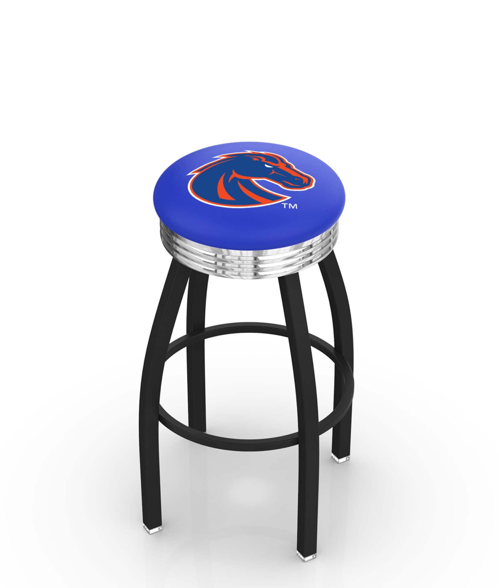Boise State University 25-Inch Swivel Backless Counter Stool w/ Black Wrinkle Finish, Single-Ring Base, 2.75-Inch Chrome Ribbed Ring, 2.5-Inch Cushion Seat 1 Boise State University 25-Inch Swivel Backless Counter Stool w/ Black Wrinkle Finish, Single-Ring Base, 2.75-Inch Chrome Ribbed Ring, 2.5-Inch Cushion Seat