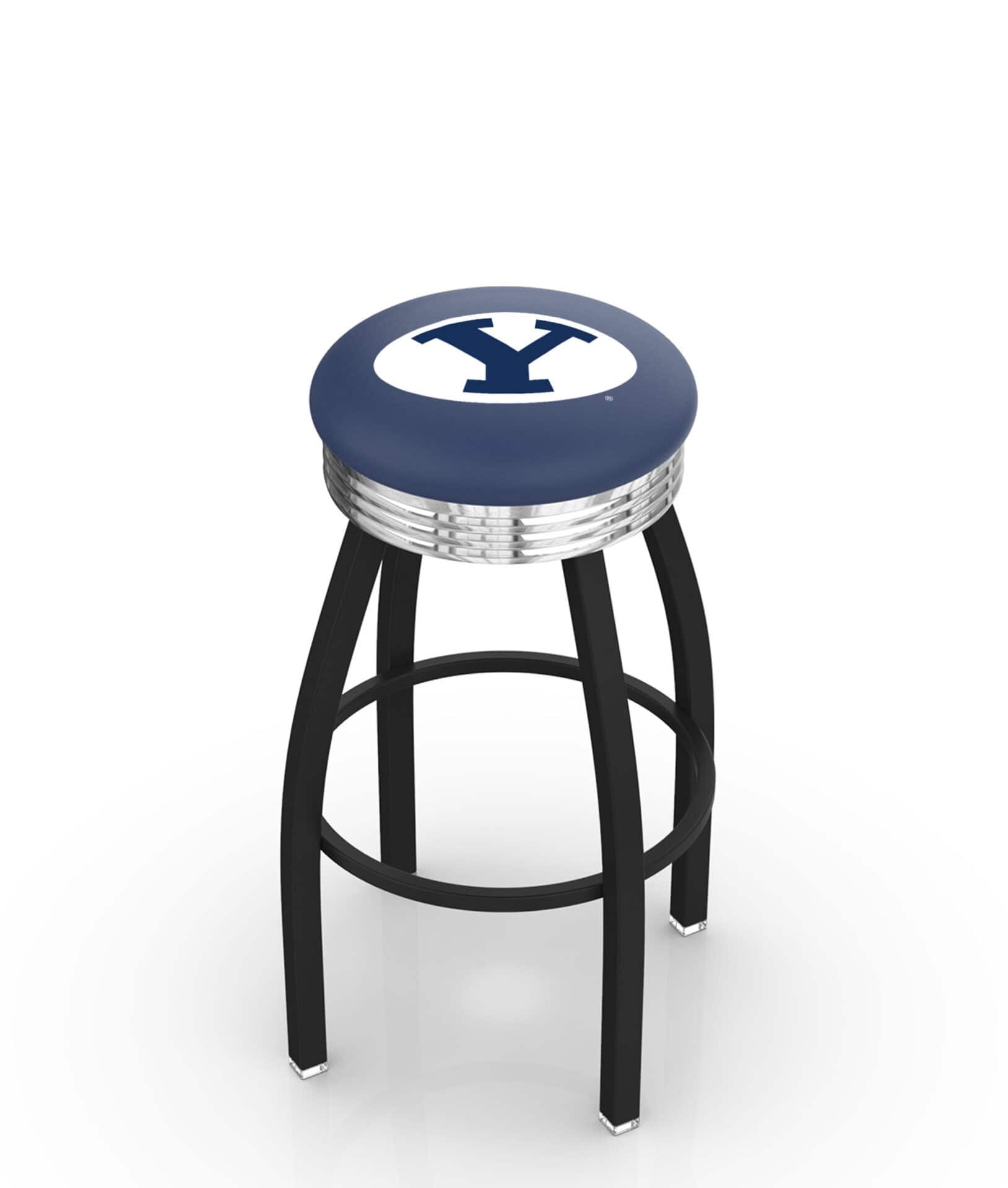 Brigham Young University 25-Inch Swivel Backless Counter Stool w/ Black Wrinkle Finish, Single-Ring Base, 2.75-Inch Chrome Ribbed Ring, 2.5-Inch Cushion Seat 1 Brigham Young University 25-Inch Swivel Backless Counter Stool w/ Black Wrinkle Finish, Single-Ring Base, 2.75-Inch Chrome Ribbed Ring, 2.5-Inch Cushion Seat