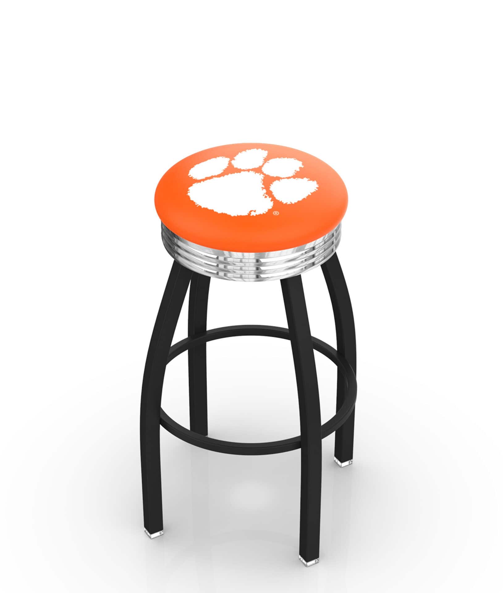 Clemson University 25-Inch Swivel Backless Counter Stool w/ Black Wrinkle Finish, Single-Ring Base, 2.75-Inch Chrome Ribbed Ring, 2.5-Inch Cushion Seat 1 Clemson University 25-Inch Swivel Backless Counter Stool w/ Black Wrinkle Finish, Single-Ring Base, 2.75-Inch Chrome Ribbed Ring, 2.5-Inch Cushion Seat
