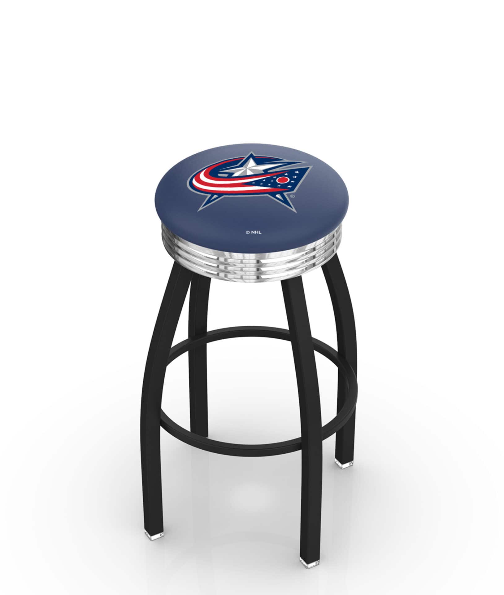 Columbus Blue Jackets 30-Inch Swivel Backless Bar Stool w/ Black Wrinkle Finish, Single-Ring Base, 2.75-Inch Chrome Ribbed Ring, 2.5-Inch Cushion Seat 1 Columbus Blue Jackets 30-Inch Swivel Backless Bar Stool w/ Black Wrinkle Finish, Single-Ring Base, 2.75-Inch Chrome Ribbed Ring, 2.5-Inch Cushion Seat