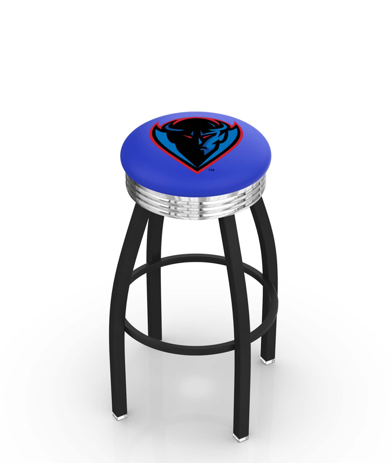 DePaul University 25-Inch Swivel Backless Counter Stool w/ Black Wrinkle Finish, Single-Ring Base, 2.75-Inch Chrome Ribbed Ring, 2.5-Inch Cushion Seat 1 DePaul University 25-Inch Swivel Backless Counter Stool w/ Black Wrinkle Finish, Single-Ring Base, 2.75-Inch Chrome Ribbed Ring, 2.5-Inch Cushion Seat