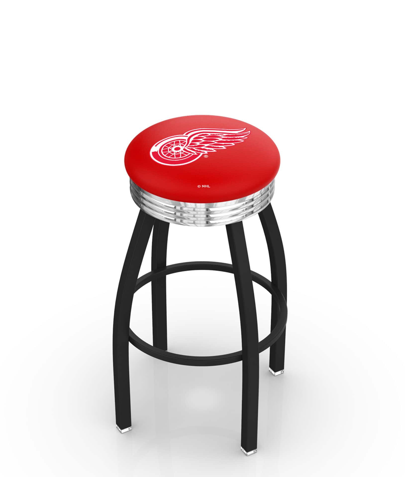 Detroit Red Wings 30-Inch Swivel Backless Bar Stool w/ Black Wrinkle Finish, Single-Ring Base, 2.75-Inch Chrome Ribbed Ring, 2.5-Inch Cushion Seat 1 Detroit Red Wings 30-Inch Swivel Backless Bar Stool w/ Black Wrinkle Finish, Single-Ring Base, 2.75-Inch Chrome Ribbed Ring, 2.5-Inch Cushion Seat
