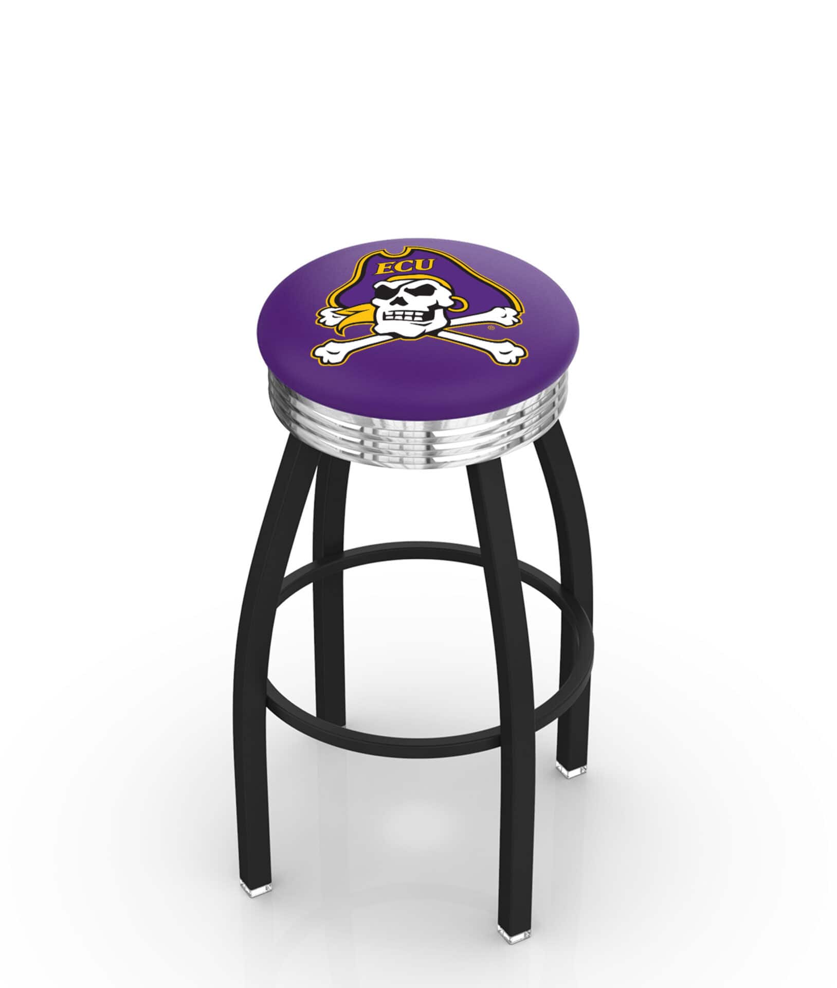 East Carolina University 25-Inch Swivel Backless Counter Stool w/ Black Wrinkle Finish, Single-Ring Base, 2.75-Inch Chrome Ribbed Ring, 2.5-Inch Cushion Seat 1 East Carolina University 25-Inch Swivel Backless Counter Stool w/ Black Wrinkle Finish, Single-Ring Base, 2.75-Inch Chrome Ribbed Ring, 2.5-Inch Cushion Seat