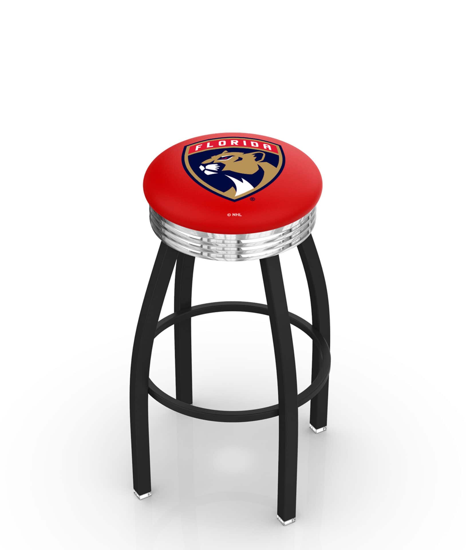 Florida Panthers 30-Inch Swivel Backless Bar Stool w/ Black Wrinkle Finish, Single-Ring Base, 2.75-Inch Chrome Ribbed Ring, 2.5-Inch Cushion Seat 1 Florida Panthers 30-Inch Swivel Backless Bar Stool w/ Black Wrinkle Finish, Single-Ring Base, 2.75-Inch Chrome Ribbed Ring, 2.5-Inch Cushion Seat