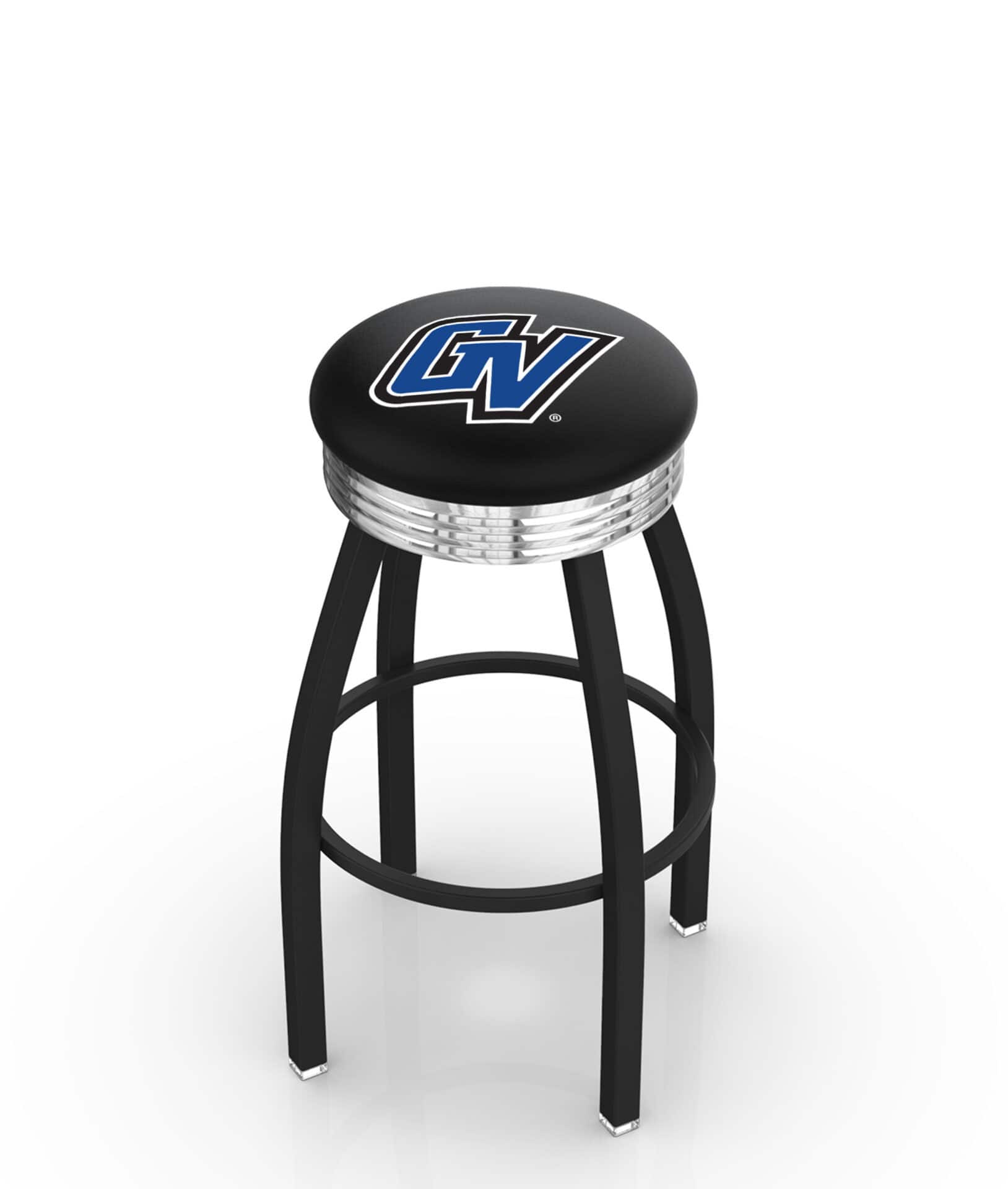 Grand Valley State University 30-Inch Swivel Backless Bar Stool w/ Black Wrinkle Finish, Single-Ring Base, 2.75-Inch Chrome Ribbed Ring, 2.5-Inch Cushion Seat 1 Grand Valley State University 30-Inch Swivel Backless Bar Stool w/ Black Wrinkle Finish, Single-Ring Base, 2.75-Inch Chrome Ribbed Ring, 2.5-Inch Cushion Seat
