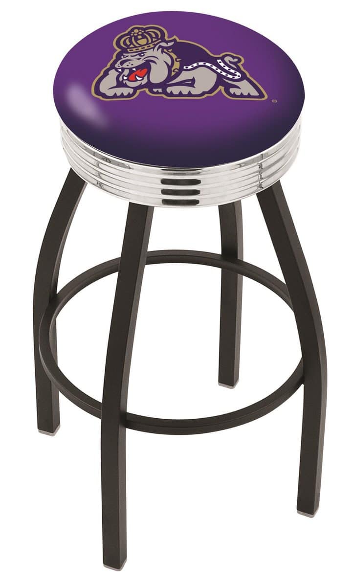 James Madison University 25-Inch Swivel Backless Counter Stool w/ Black Wrinkle Finish, Single-Ring Base, 2.75-Inch Chrome Ribbed Ring, 2.5-Inch Cushion Seat 1 James Madison University 25-Inch Swivel Backless Counter Stool w/ Black Wrinkle Finish, Single-Ring Base, 2.75-Inch Chrome Ribbed Ring, 2.5-Inch Cushion Seat