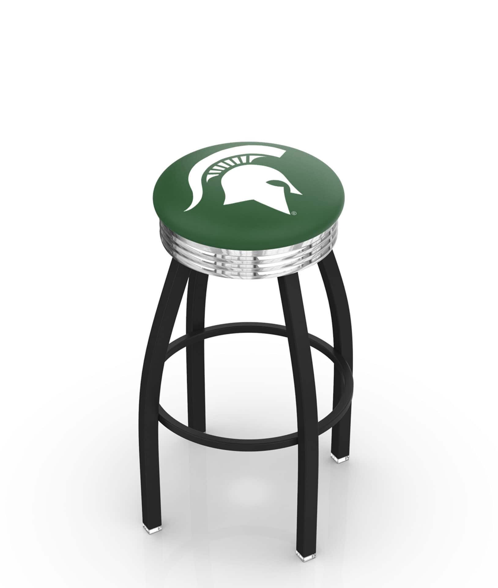 Michigan State University 30-Inch Swivel Backless Bar Stool w/ Black Wrinkle Finish, Single-Ring Base, 2.75-Inch Chrome Ribbed Ring, 2.5-Inch Cushion Seat 1 Michigan State University 30-Inch Swivel Backless Bar Stool w/ Black Wrinkle Finish, Single-Ring Base, 2.75-Inch Chrome Ribbed Ring, 2.5-Inch Cushion Seat