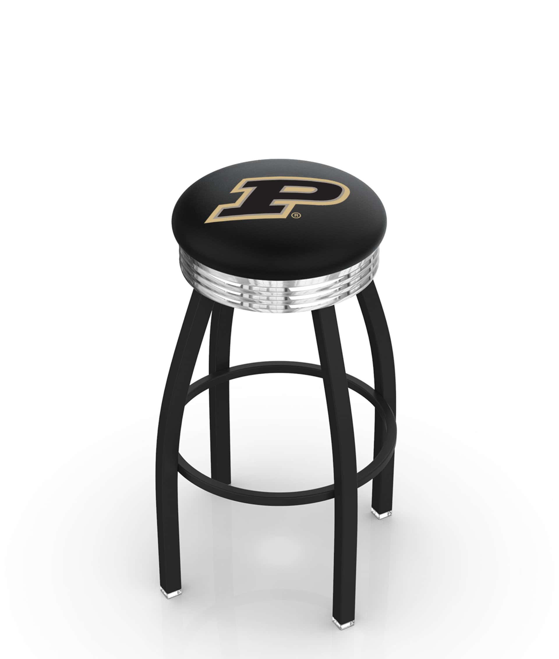 Purdue University 25-Inch Swivel Backless Counter Stool w/ Black Wrinkle Finish, Single-Ring Base, 2.75-Inch Chrome Ribbed Ring, 2.5-Inch Cushion Seat