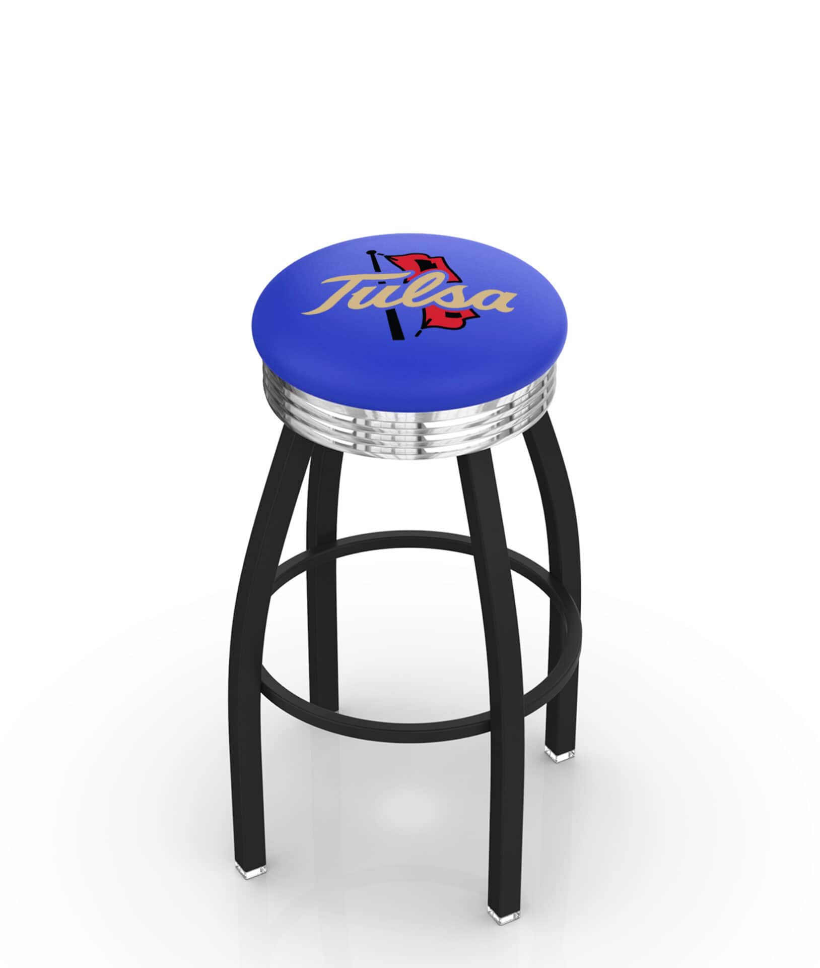 University of Tulsa 25-Inch Swivel Backless Counter Stool w/ Black Wrinkle Finish, Single-Ring Base, 2.75-Inch Chrome Ribbed Ring, 2.5-Inch Cushion Seat 1 University of Tulsa 25-Inch Swivel Backless Counter Stool w/ Black Wrinkle Finish, Single-Ring Base, 2.75-Inch Chrome Ribbed Ring, 2.5-Inch Cushion Seat