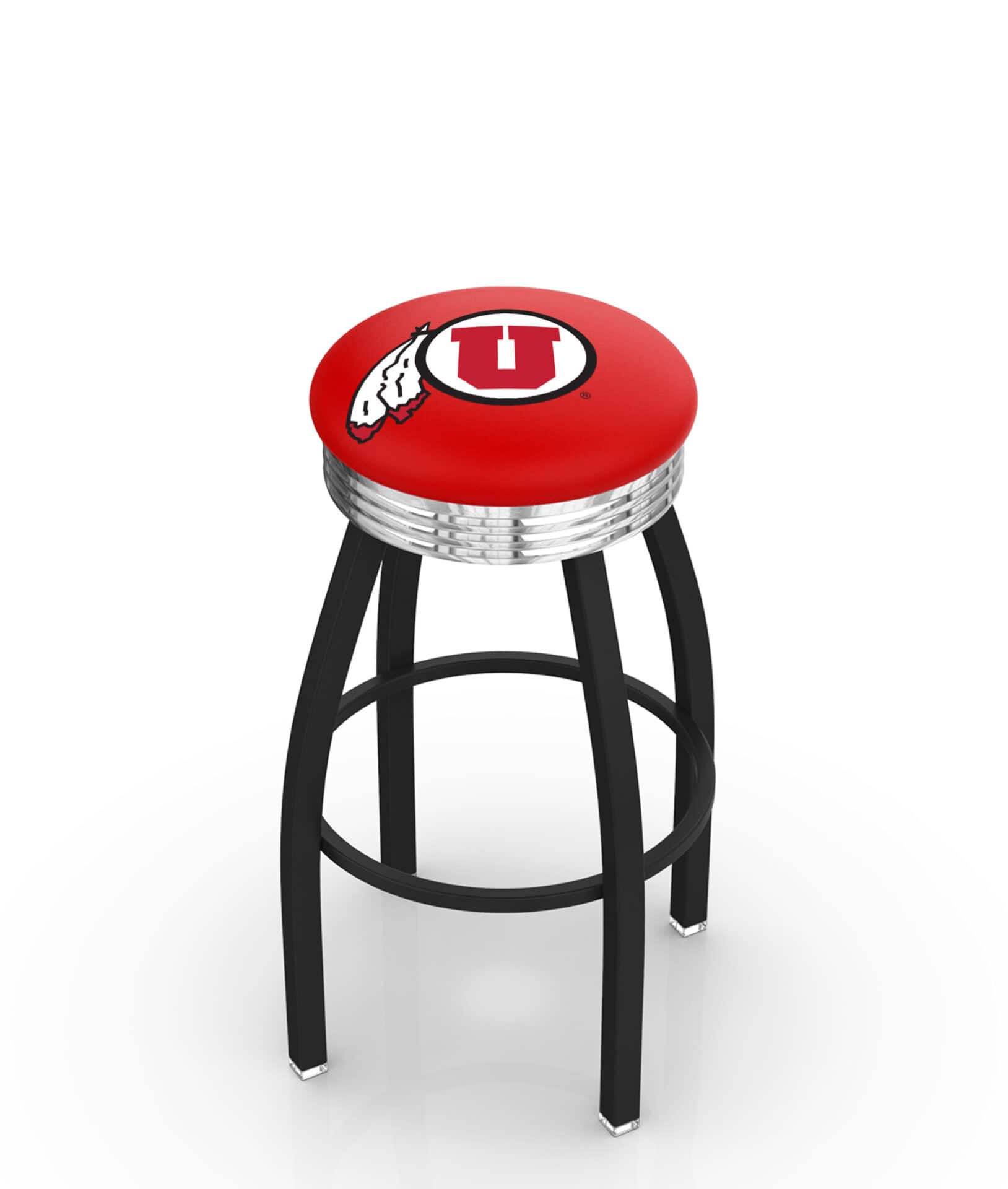 University of Utah 30-Inch Swivel Backless Bar Stool w/ Black Wrinkle Finish, Single-Ring Base, 2.75-Inch Chrome Ribbed Ring, 2.5-Inch Cushion Seat 1 University of Utah 30-Inch Swivel Backless Bar Stool w/ Black Wrinkle Finish, Single-Ring Base, 2.75-Inch Chrome Ribbed Ring, 2.5-Inch Cushion Seat