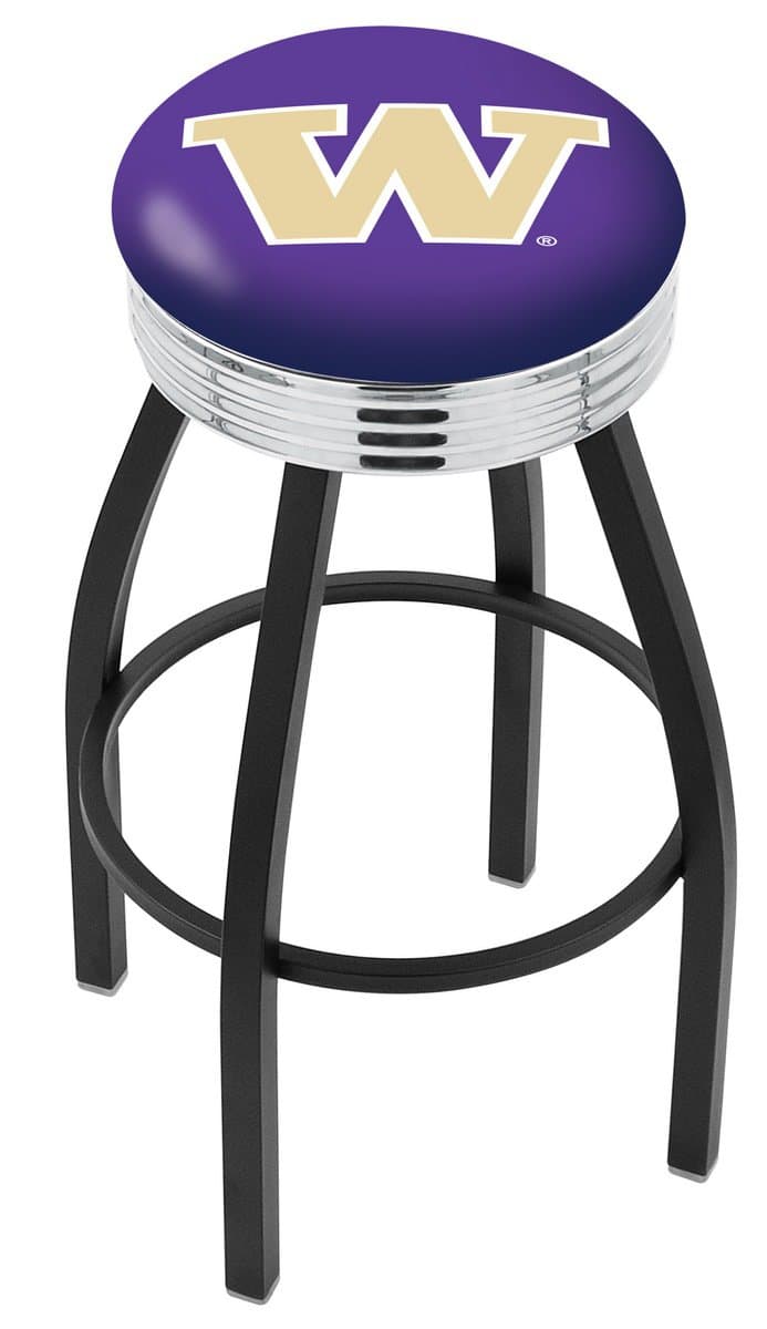 University of Washington 25-Inch Swivel Backless Counter Stool w/ Black Wrinkle Finish, Single-Ring Base, 2.75-Inch Chrome Ribbed Ring, 2.5-Inch Cushion Seat 1 University of Washington 25-Inch Swivel Backless Counter Stool w/ Black Wrinkle Finish, Single-Ring Base, 2.75-Inch Chrome Ribbed Ring, 2.5-Inch Cushion Seat
