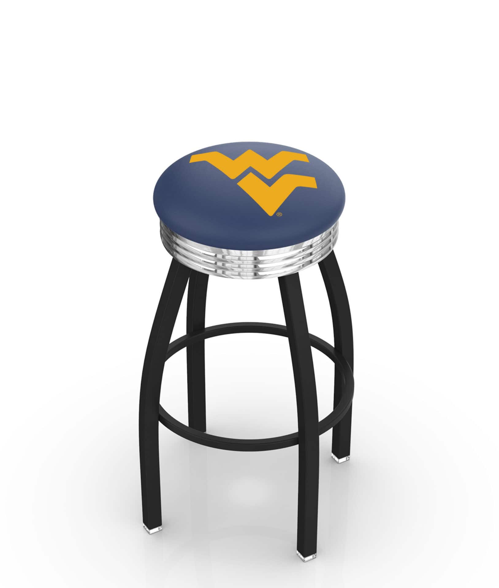 West Virginia University 30-Inch Swivel Backless Bar Stool w/ Black Wrinkle Finish, Single-Ring Base, 2.75-Inch Chrome Ribbed Ring, 2.5-Inch Cushion Seat 1 West Virginia University 30-Inch Swivel Backless Bar Stool w/ Black Wrinkle Finish, Single-Ring Base, 2.75-Inch Chrome Ribbed Ring, 2.5-Inch Cushion Seat