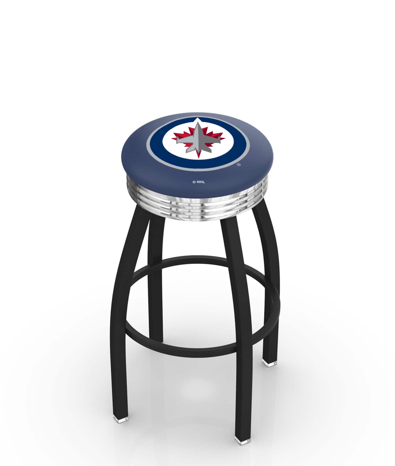 Winnipeg Jets 30-Inch Swivel Backless Bar Stool w/ Black Wrinkle Finish, Single-Ring Base, 2.75-Inch Chrome Ribbed Ring, 2.5-Inch Cushion Seat 1 Winnipeg Jets 30-Inch Swivel Backless Bar Stool w/ Black Wrinkle Finish, Single-Ring Base, 2.75-Inch Chrome Ribbed Ring, 2.5-Inch Cushion Seat