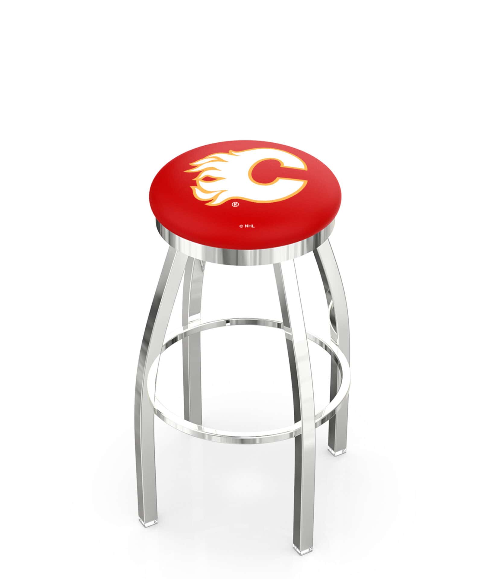 Calgary Flames 36-Inch Swivel Backless Extra Tall Bar Stool w/ Chrome Finish, Single-Ring Base, 2-Inch Chrome Ring, 2.5-Inch Cushion Seat 1 Calgary Flames 36-Inch Swivel Backless Extra Tall Bar Stool w/ Chrome Finish, Single-Ring Base, 2-Inch Chrome Ring, 2.5-Inch Cushion Seat