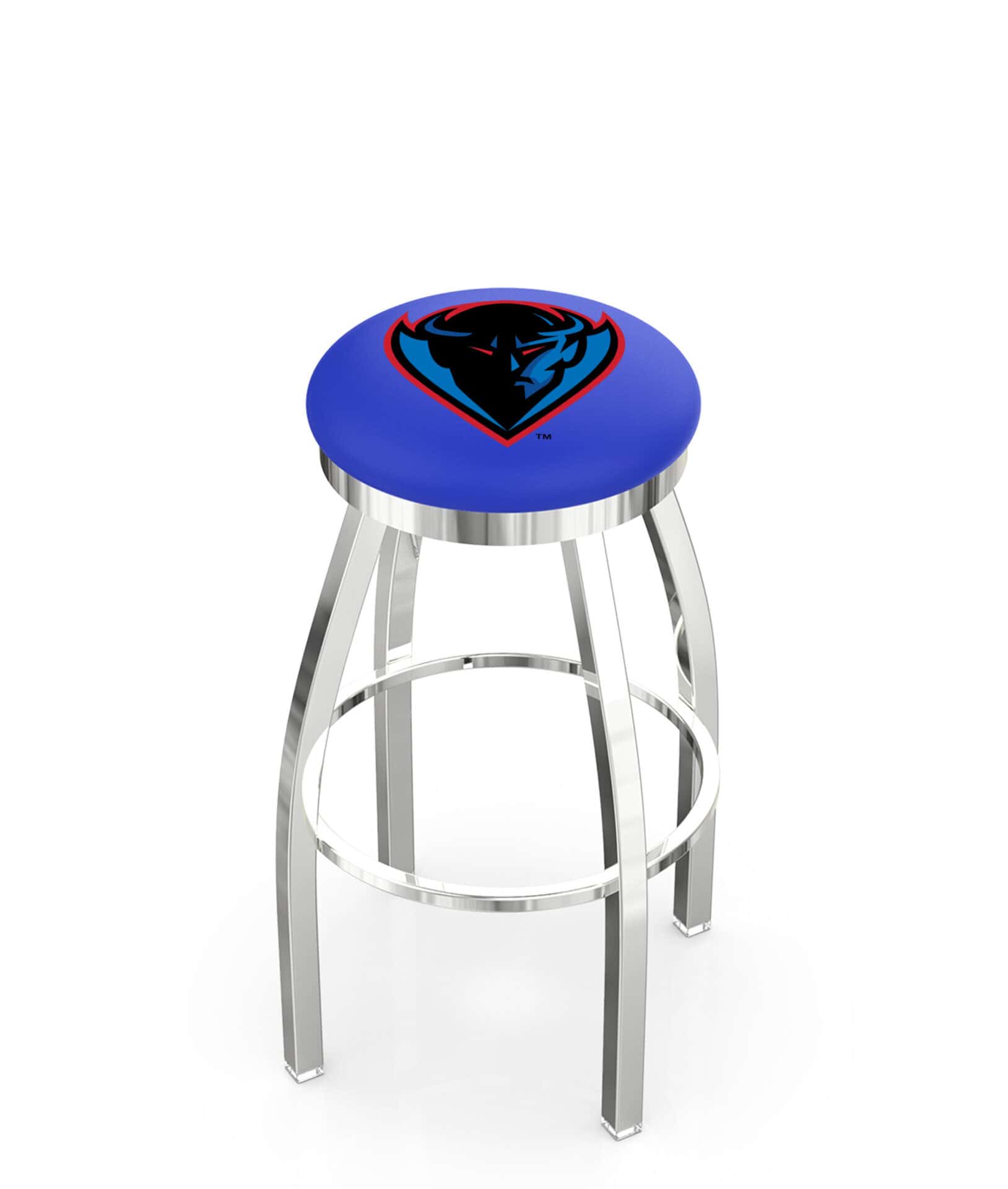 DePaul University 36-Inch Swivel Backless Extra Tall Bar Stool w/ Chrome Finish, Single-Ring Base, 2-Inch Chrome Ring, 2.5-Inch Cushion Seat 1 DePaul University 36-Inch Swivel Backless Extra Tall Bar Stool w/ Chrome Finish, Single-Ring Base, 2-Inch Chrome Ring, 2.5-Inch Cushion Seat
