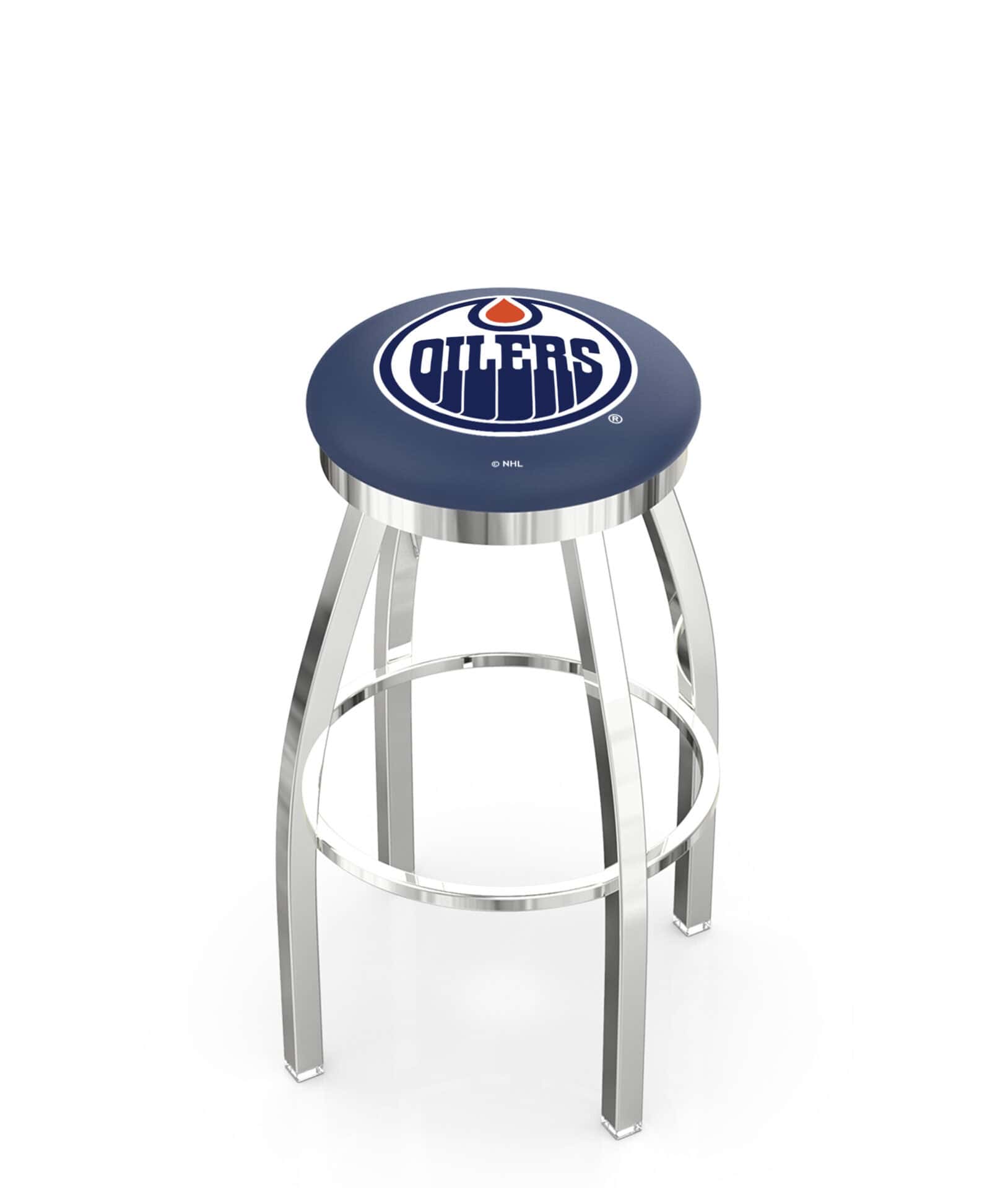 Edmonton Oilers 36-Inch Swivel Backless Extra Tall Bar Stool w/ Chrome Finish, Single-Ring Base, 2-Inch Chrome Ring, 2.5-Inch Cushion Seat 1 Edmonton Oilers 36-Inch Swivel Backless Extra Tall Bar Stool w/ Chrome Finish, Single-Ring Base, 2-Inch Chrome Ring, 2.5-Inch Cushion Seat