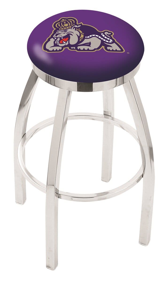 James Madison University 36-Inch Swivel Backless Extra Tall Bar Stool w/ Chrome Finish, Single-Ring Base, 2-Inch Chrome Ring, 2.5-Inch Cushion Seat 1 James Madison University 36-Inch Swivel Backless Extra Tall Bar Stool w/ Chrome Finish, Single-Ring Base, 2-Inch Chrome Ring, 2.5-Inch Cushion Seat