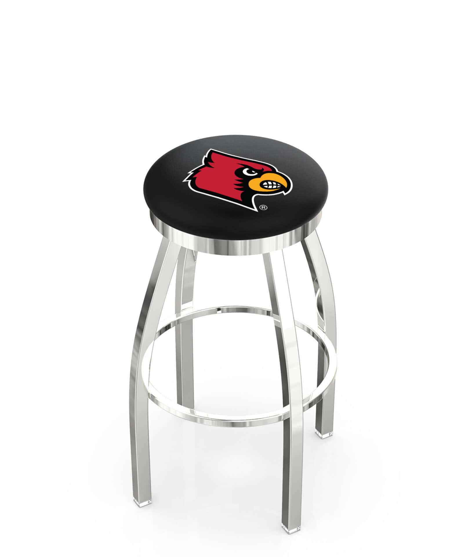 University of Louisville 36-Inch Swivel Backless Extra Tall Bar Stool w/ Chrome Finish, Single-Ring Base, 2-Inch Chrome Ring, 2.5-Inch Cushion Seat 1 University of Louisville 36-Inch Swivel Backless Extra Tall Bar Stool w/ Chrome Finish, Single-Ring Base, 2-Inch Chrome Ring, 2.5-Inch Cushion Seat