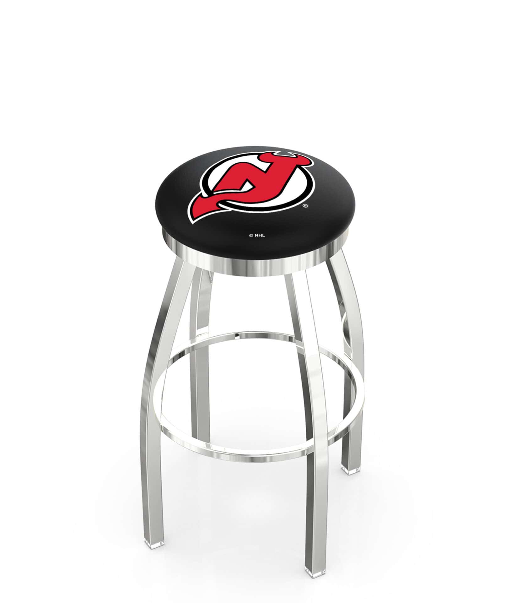 New Jersey Devils 36-Inch Swivel Backless Extra Tall Bar Stool w/ Chrome Finish, Single-Ring Base, 2-Inch Chrome Ring, 2.5-Inch Cushion Seat 1 New Jersey Devils 36-Inch Swivel Backless Extra Tall Bar Stool w/ Chrome Finish, Single-Ring Base, 2-Inch Chrome Ring, 2.5-Inch Cushion Seat
