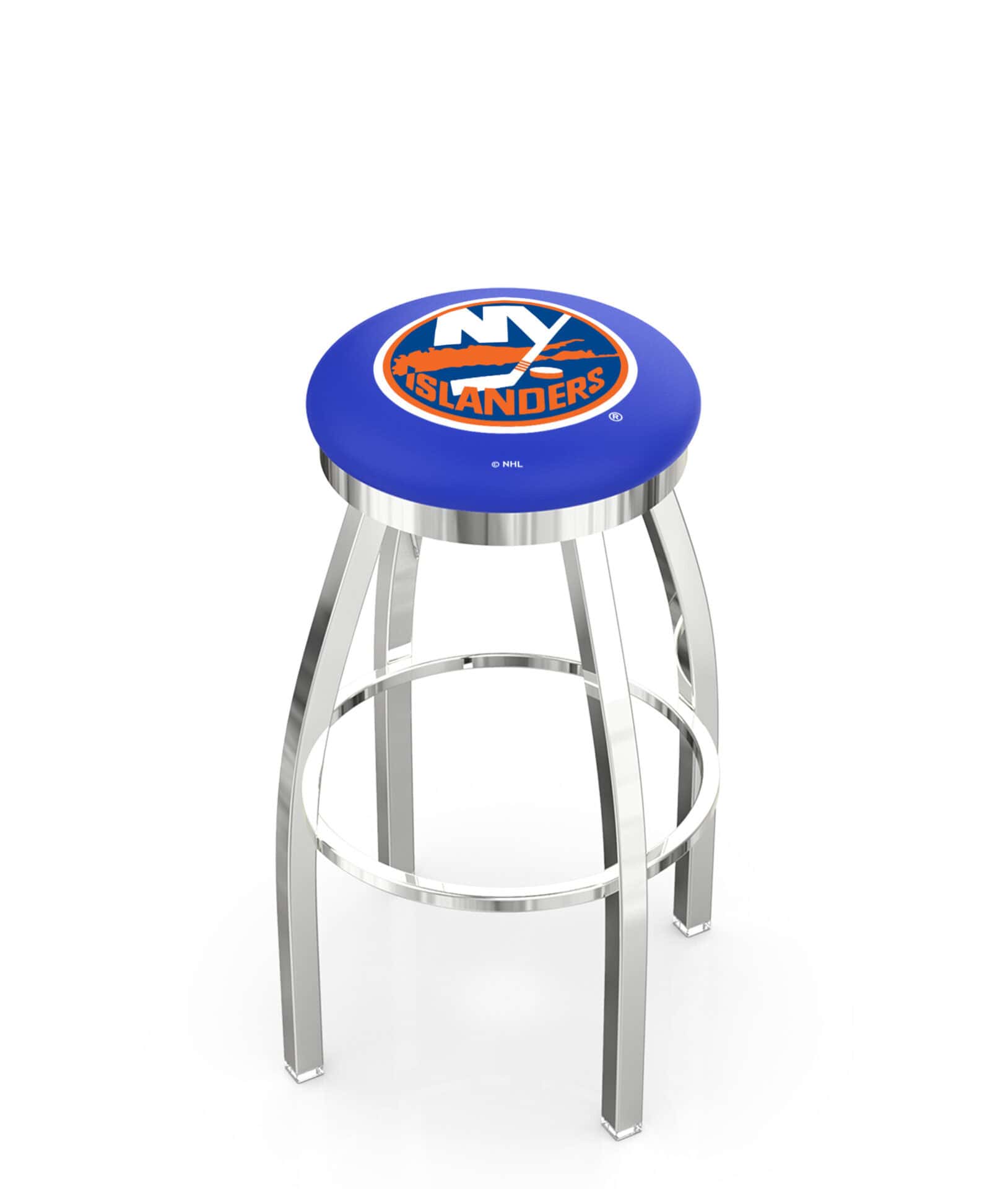 New York Islanders 36-Inch Swivel Backless Extra Tall Bar Stool w/ Chrome Finish, Single-Ring Base, 2-Inch Chrome Ring, 2.5-Inch Cushion Seat 1 New York Islanders 36-Inch Swivel Backless Extra Tall Bar Stool w/ Chrome Finish, Single-Ring Base, 2-Inch Chrome Ring, 2.5-Inch Cushion Seat
