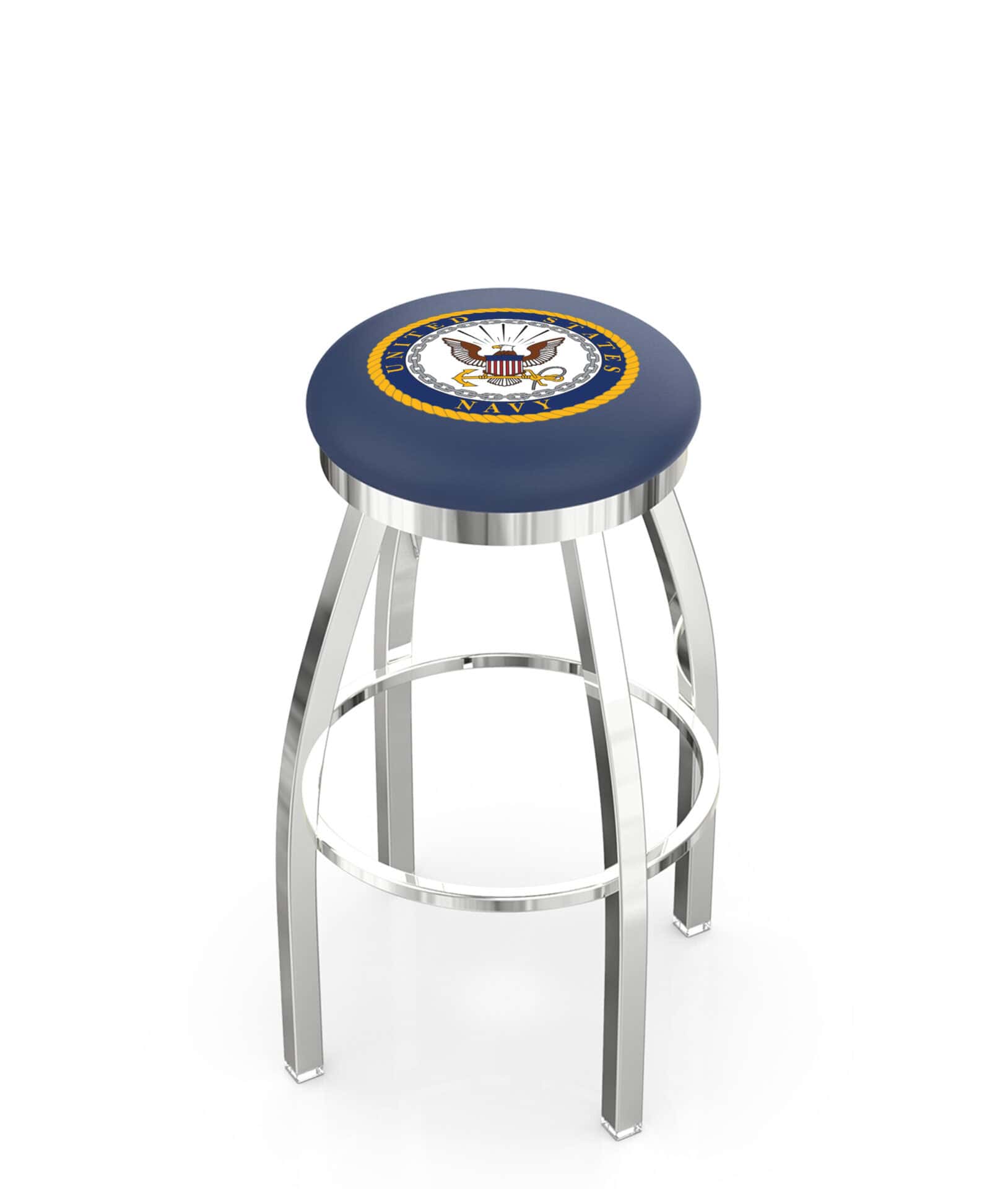 United States Navy 36-Inch Swivel Backless Extra Tall Bar Stool w/ Chrome Finish, Single-Ring Base, 2-Inch Chrome Ring, 2.5-Inch Cushion Seat 1 United States Navy 36-Inch Swivel Backless Extra Tall Bar Stool w/ Chrome Finish, Single-Ring Base, 2-Inch Chrome Ring, 2.5-Inch Cushion Seat