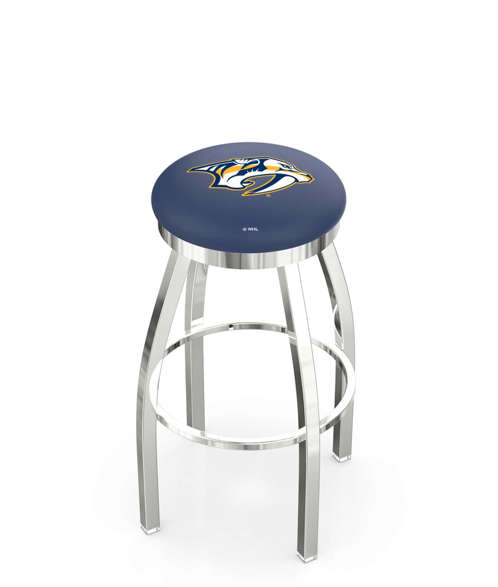 Nashville Predators 36-Inch Swivel Backless Extra Tall Bar Stool w/ Chrome Finish, Single-Ring Base, 2-Inch Chrome Ring, 2.5-Inch Cushion Seat 1 Nashville Predators 36-Inch Swivel Backless Extra Tall Bar Stool w/ Chrome Finish, Single-Ring Base, 2-Inch Chrome Ring, 2.5-Inch Cushion Seat