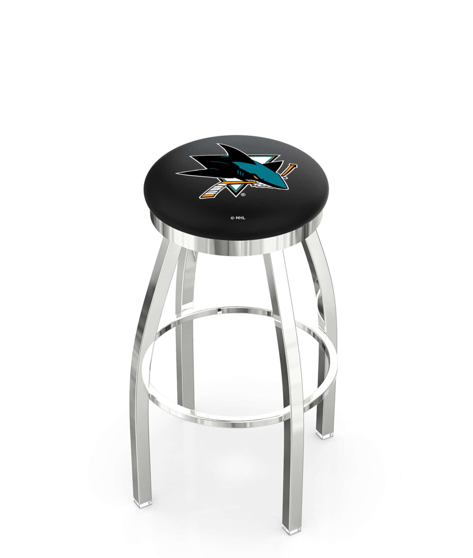 San Jose Sharks 36-Inch Swivel Backless Extra Tall Bar Stool w/ Chrome Finish, Single-Ring Base, 2-Inch Chrome Ring, 2.5-Inch Cushion Seat 1 San Jose Sharks 36-Inch Swivel Backless Extra Tall Bar Stool w/ Chrome Finish, Single-Ring Base, 2-Inch Chrome Ring, 2.5-Inch Cushion Seat