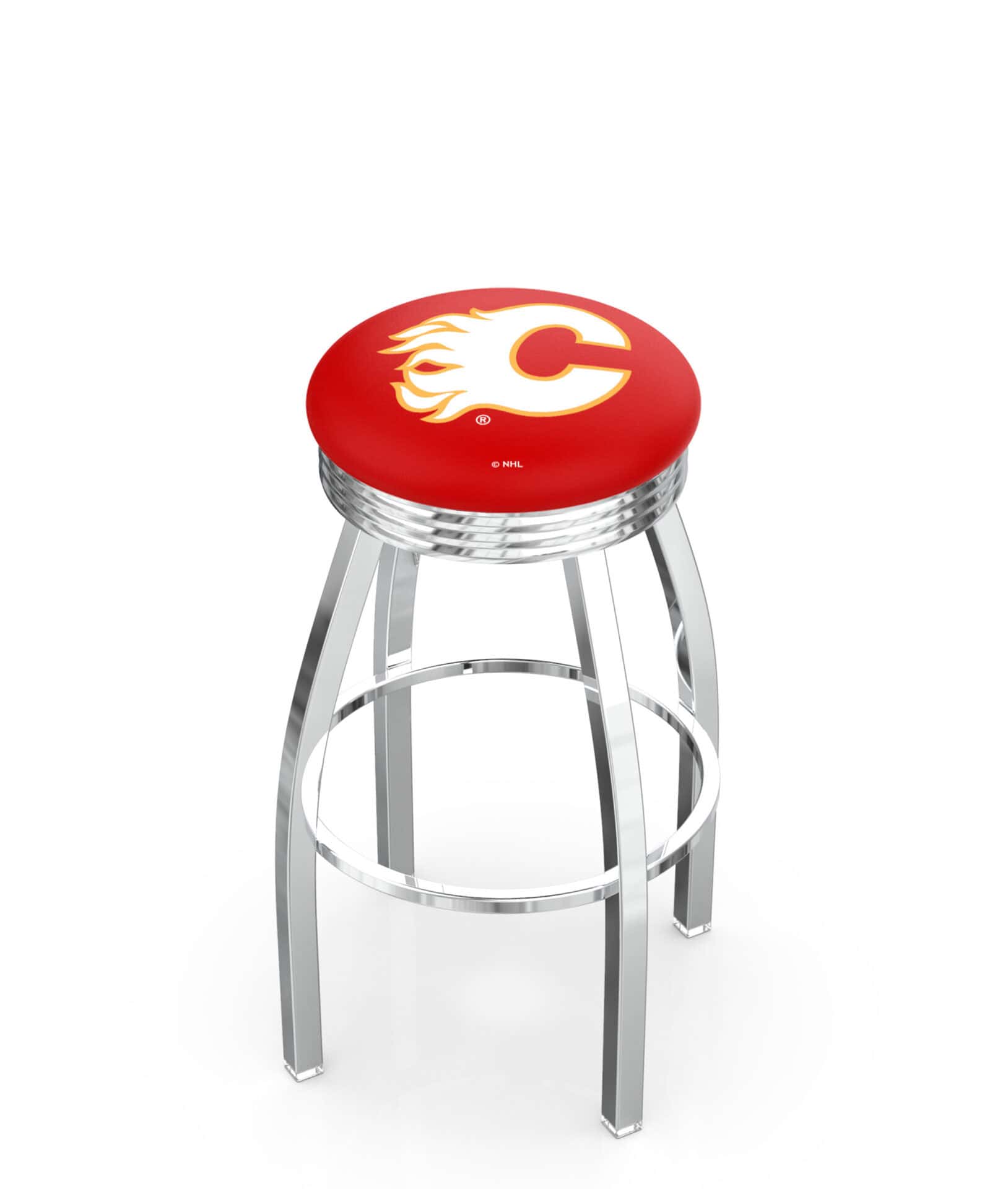 Calgary Flames 30-Inch Swivel Backless Bar Stool w/ Chrome Finish, Single-Ring Base, 2.75-Inch Chrome Ribbed Ring, 2.5-Inch Cushion Seat 1 Calgary Flames 30-Inch Swivel Backless Bar Stool w/ Chrome Finish, Single-Ring Base, 2.75-Inch Chrome Ribbed Ring, 2.5-Inch Cushion Seat