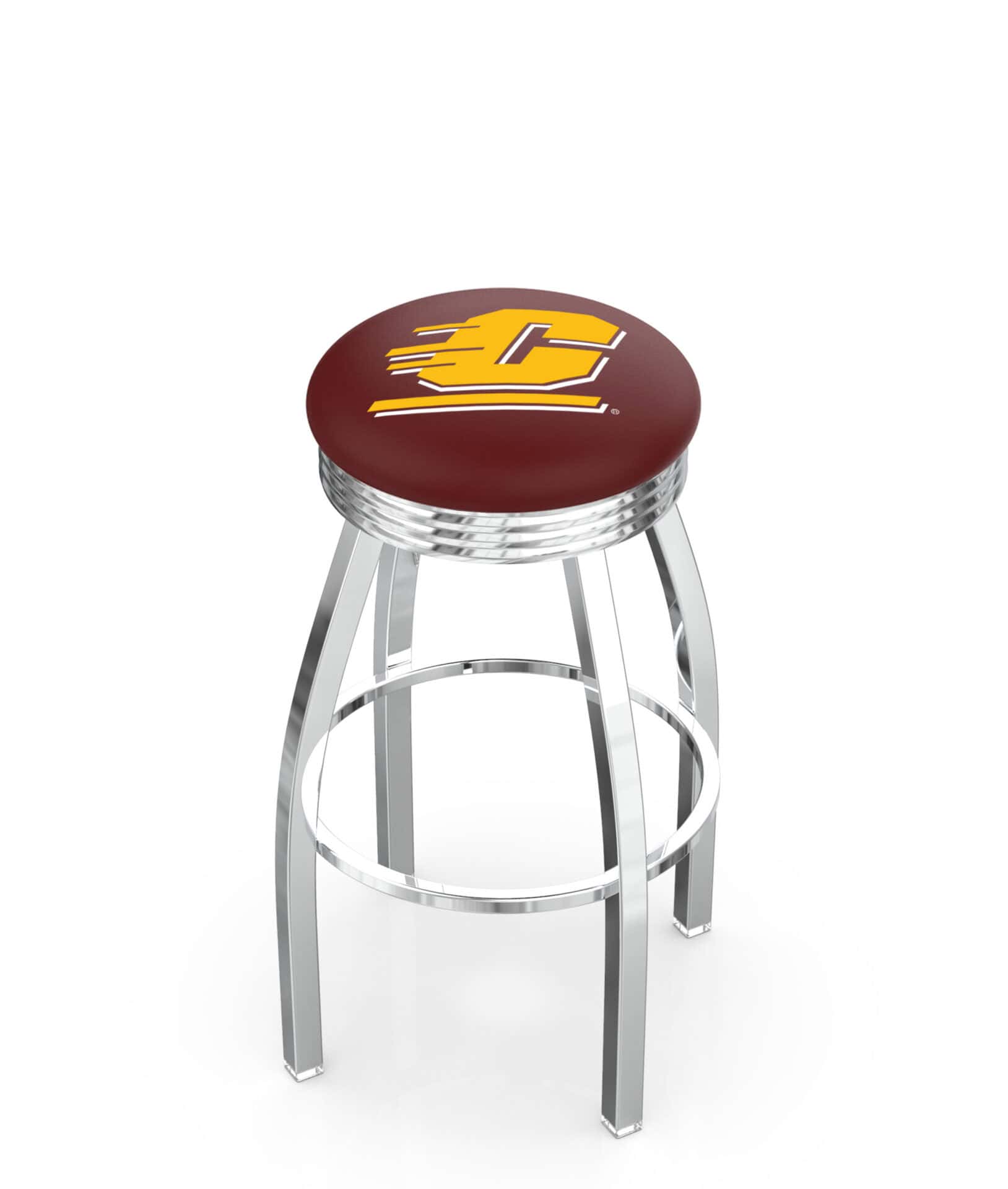 Central Michigan University 30-Inch Swivel Backless Bar Stool w/ Chrome Finish, Single-Ring Base, 2.75-Inch Chrome Ribbed Ring, 2.5-Inch Cushion Seat 1 Central Michigan University 30-Inch Swivel Backless Bar Stool w/ Chrome Finish, Single-Ring Base, 2.75-Inch Chrome Ribbed Ring, 2.5-Inch Cushion Seat