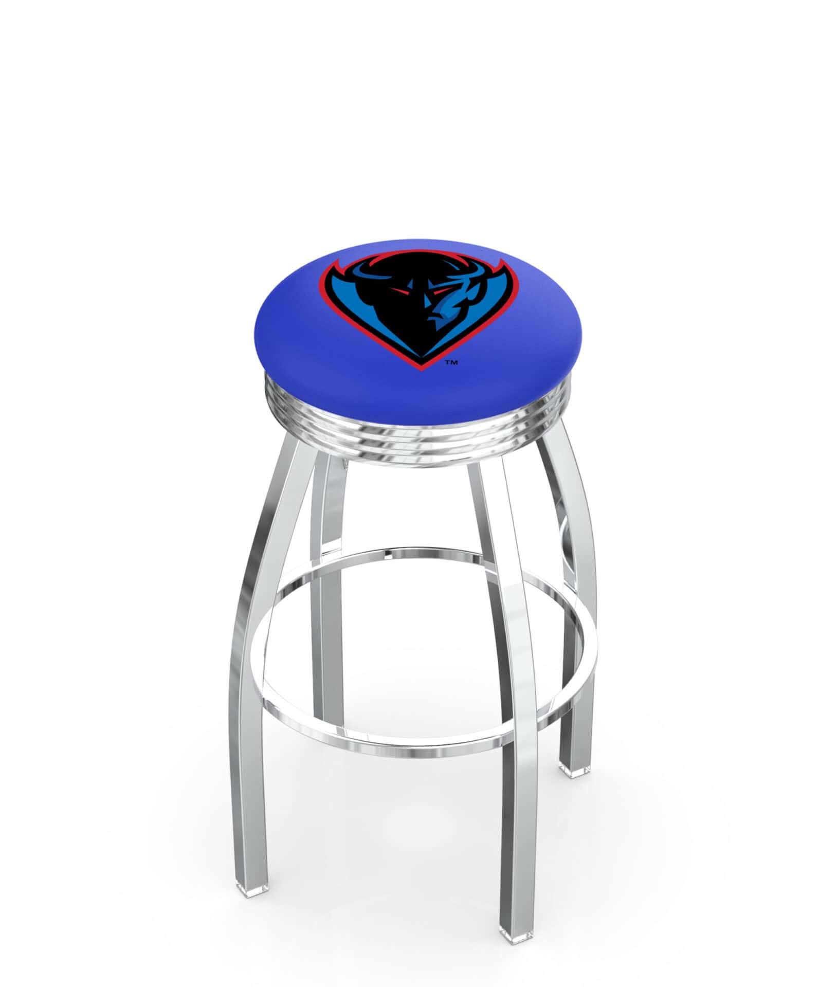 DePaul University 25-Inch Swivel Backless Counter Stool w/ Chrome Finish, Single-Ring Base, 2.75-Inch Chrome Ribbed Ring, 2.5-Inch Cushion Seat 1 DePaul University 25-Inch Swivel Backless Counter Stool w/ Chrome Finish, Single-Ring Base, 2.75-Inch Chrome Ribbed Ring, 2.5-Inch Cushion Seat