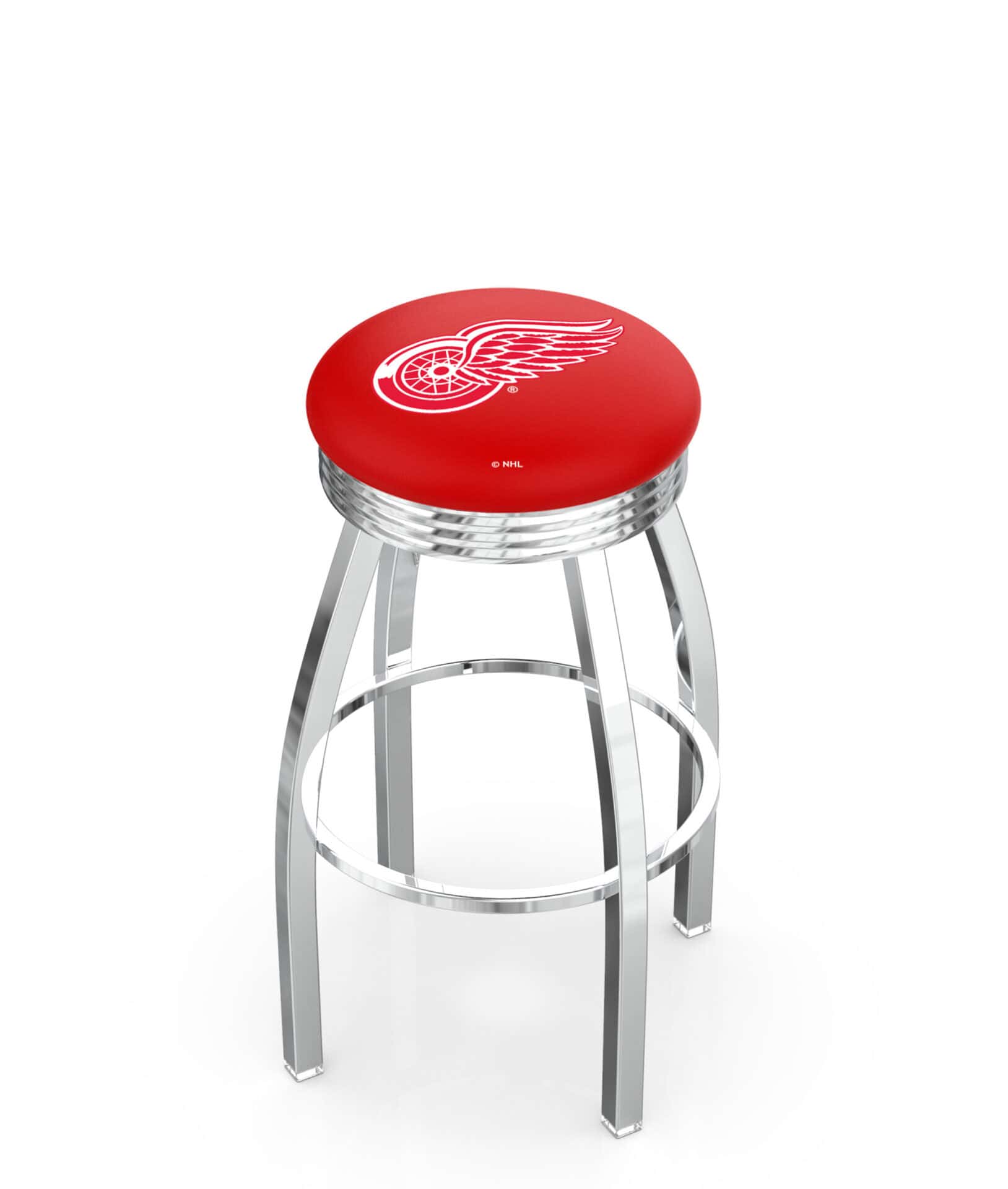 Detroit Red Wings 30-Inch Swivel Backless Bar Stool w/ Chrome Finish, Single-Ring Base, 2.75-Inch Chrome Ribbed Ring, 2.5-Inch Cushion Seat 1 Detroit Red Wings 30-Inch Swivel Backless Bar Stool w/ Chrome Finish, Single-Ring Base, 2.75-Inch Chrome Ribbed Ring, 2.5-Inch Cushion Seat