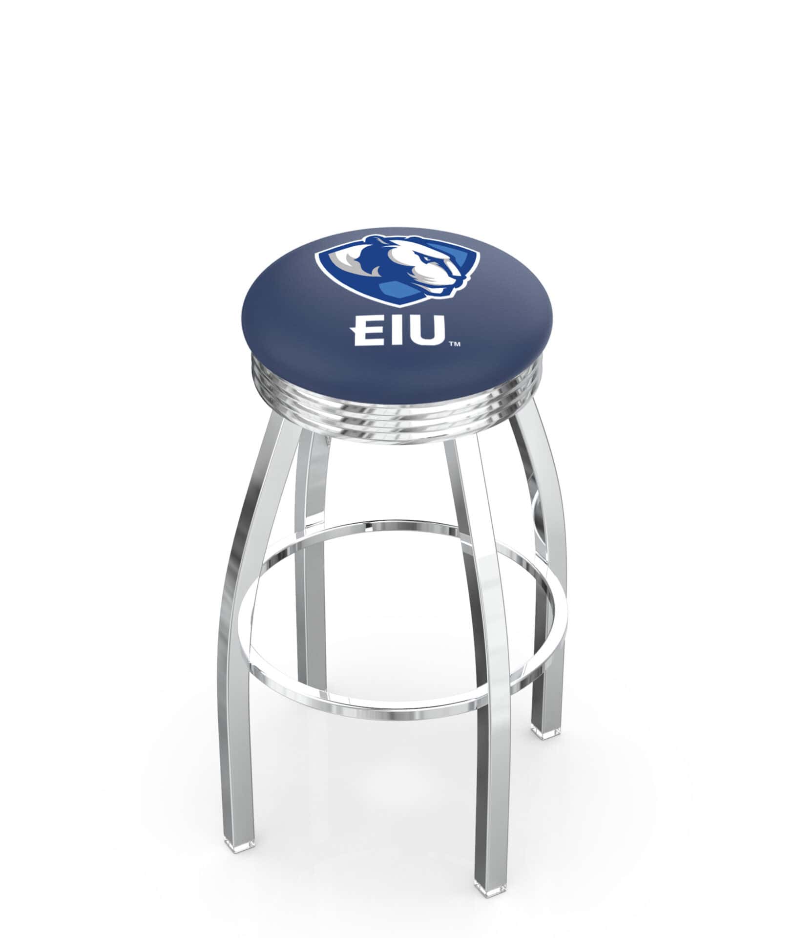 Eastern Illinois University 25-Inch Swivel Backless Counter Stool w/ Chrome Finish, Single-Ring Base, 2.75-Inch Chrome Ribbed Ring, 2.5-Inch Cushion Seat 1 Eastern Illinois University 25-Inch Swivel Backless Counter Stool w/ Chrome Finish, Single-Ring Base, 2.75-Inch Chrome Ribbed Ring, 2.5-Inch Cushion Seat
