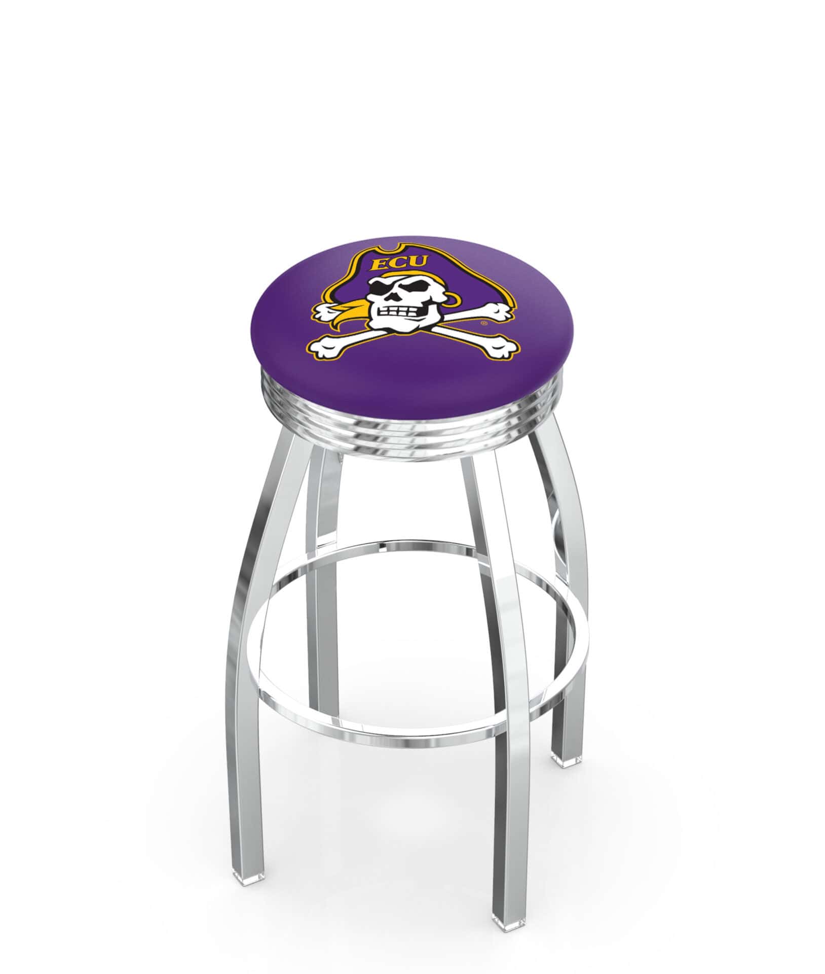 East Carolina University 25-Inch Swivel Backless Counter Stool w/ Chrome Finish, Single-Ring Base, 2.75-Inch Chrome Ribbed Ring, 2.5-Inch Cushion Seat 1 East Carolina University 25-Inch Swivel Backless Counter Stool w/ Chrome Finish, Single-Ring Base, 2.75-Inch Chrome Ribbed Ring, 2.5-Inch Cushion Seat