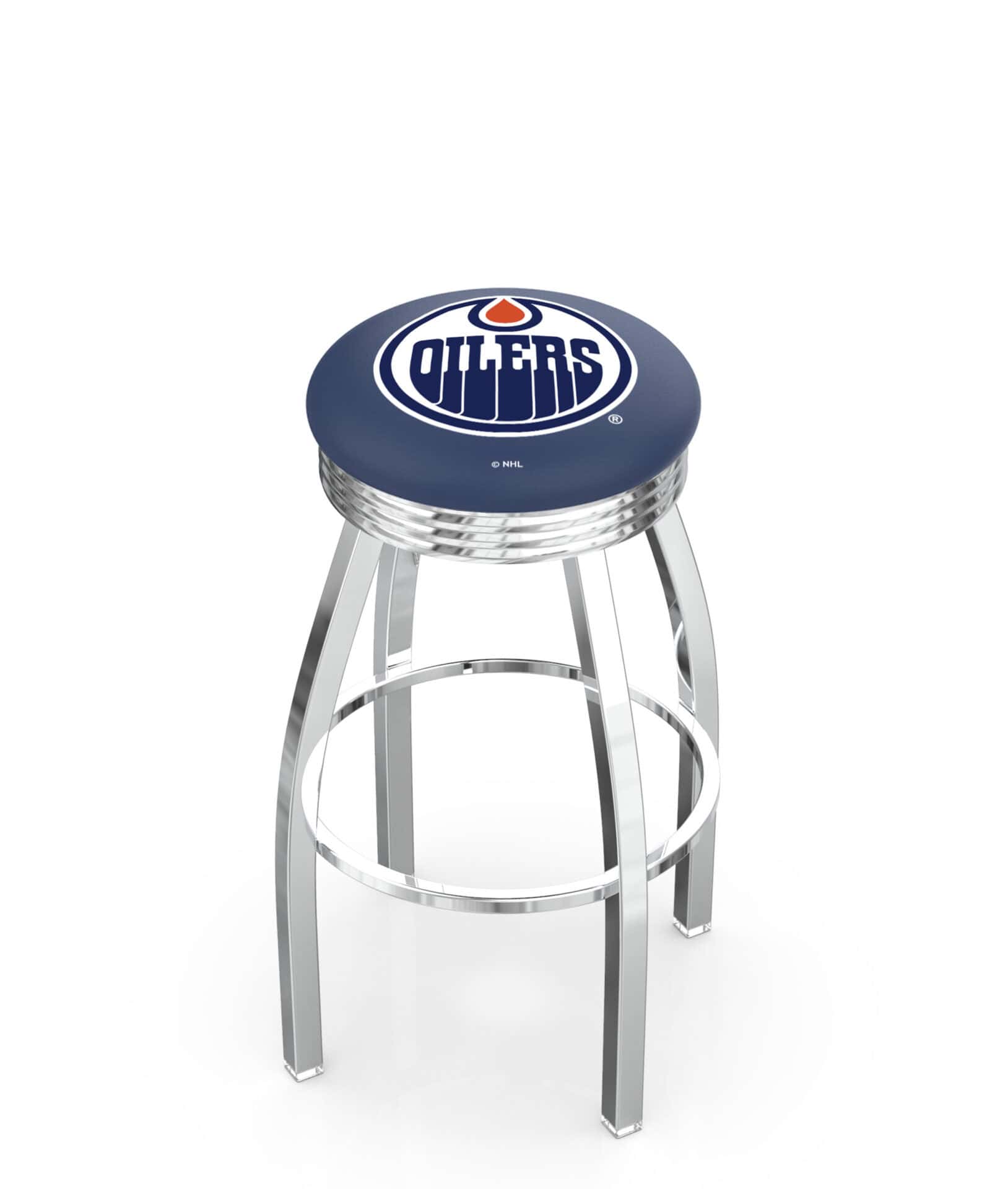 Edmonton Oilers 30-Inch Swivel Backless Bar Stool w/ Chrome Finish, Single-Ring Base, 2.75-Inch Chrome Ribbed Ring, 2.5-Inch Cushion Seat 1 Edmonton Oilers 30-Inch Swivel Backless Bar Stool w/ Chrome Finish, Single-Ring Base, 2.75-Inch Chrome Ribbed Ring, 2.5-Inch Cushion Seat