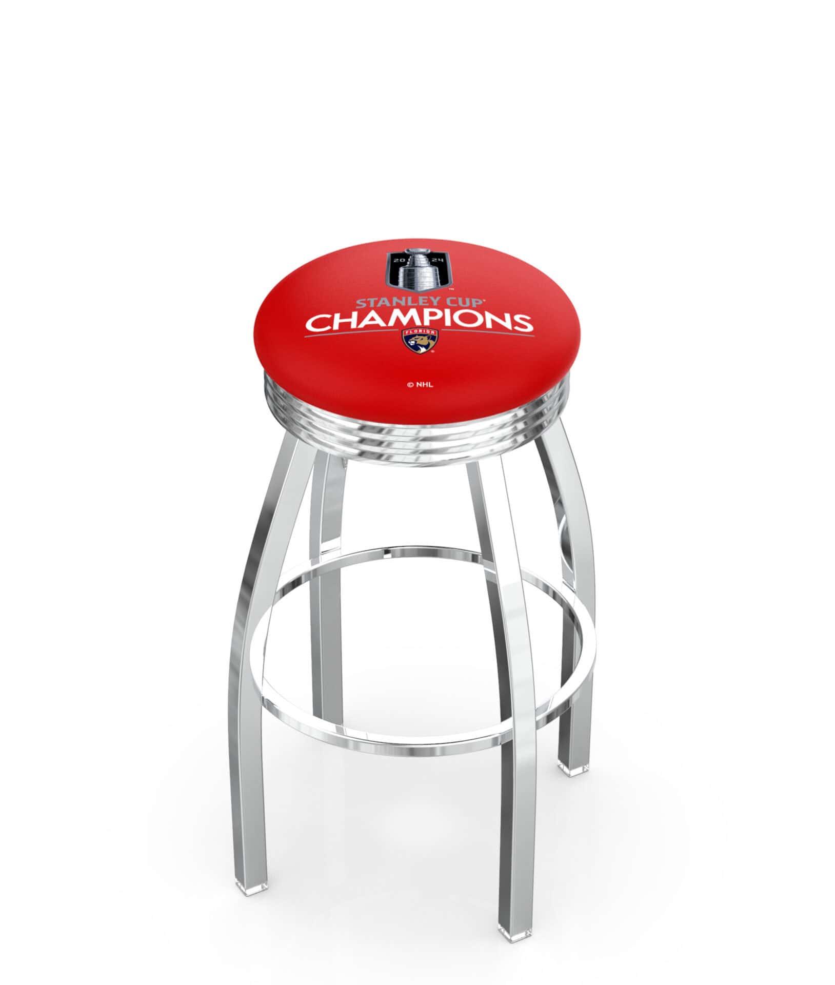 Florida Panthers - 2024 Stanley Cup 30-Inch Swivel Backless Bar Stool w/ Chrome Finish, Single-Ring Base, 2.75-Inch Chrome Ribbed Ring, 2.5-Inch Cushion Seat 1 Florida Panthers - 2024 Stanley Cup 30-Inch Swivel Backless Bar Stool w/ Chrome Finish, Single-Ring Base, 2.75-Inch Chrome Ribbed Ring, 2.5-Inch Cushion Seat
