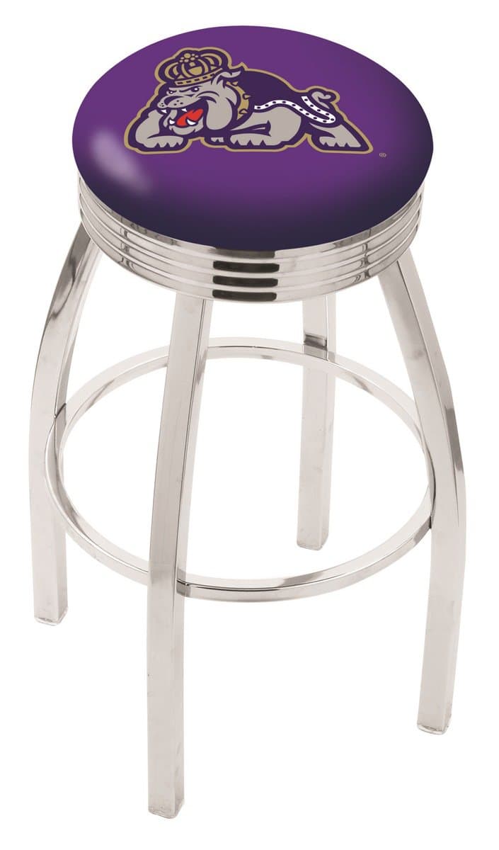 James Madison University 30-Inch Swivel Backless Bar Stool w/ Chrome Finish, Single-Ring Base, 2.75-Inch Chrome Ribbed Ring, 2.5-Inch Cushion Seat 1 James Madison University 30-Inch Swivel Backless Bar Stool w/ Chrome Finish, Single-Ring Base, 2.75-Inch Chrome Ribbed Ring, 2.5-Inch Cushion Seat